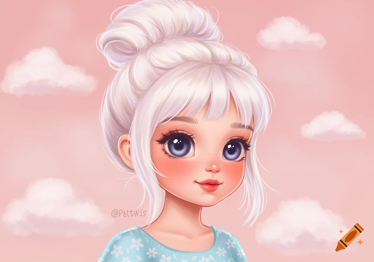 Cute cartoon girl with white hair in a bun, big eyes, and rosy cheeks, against a pink sky with clouds.