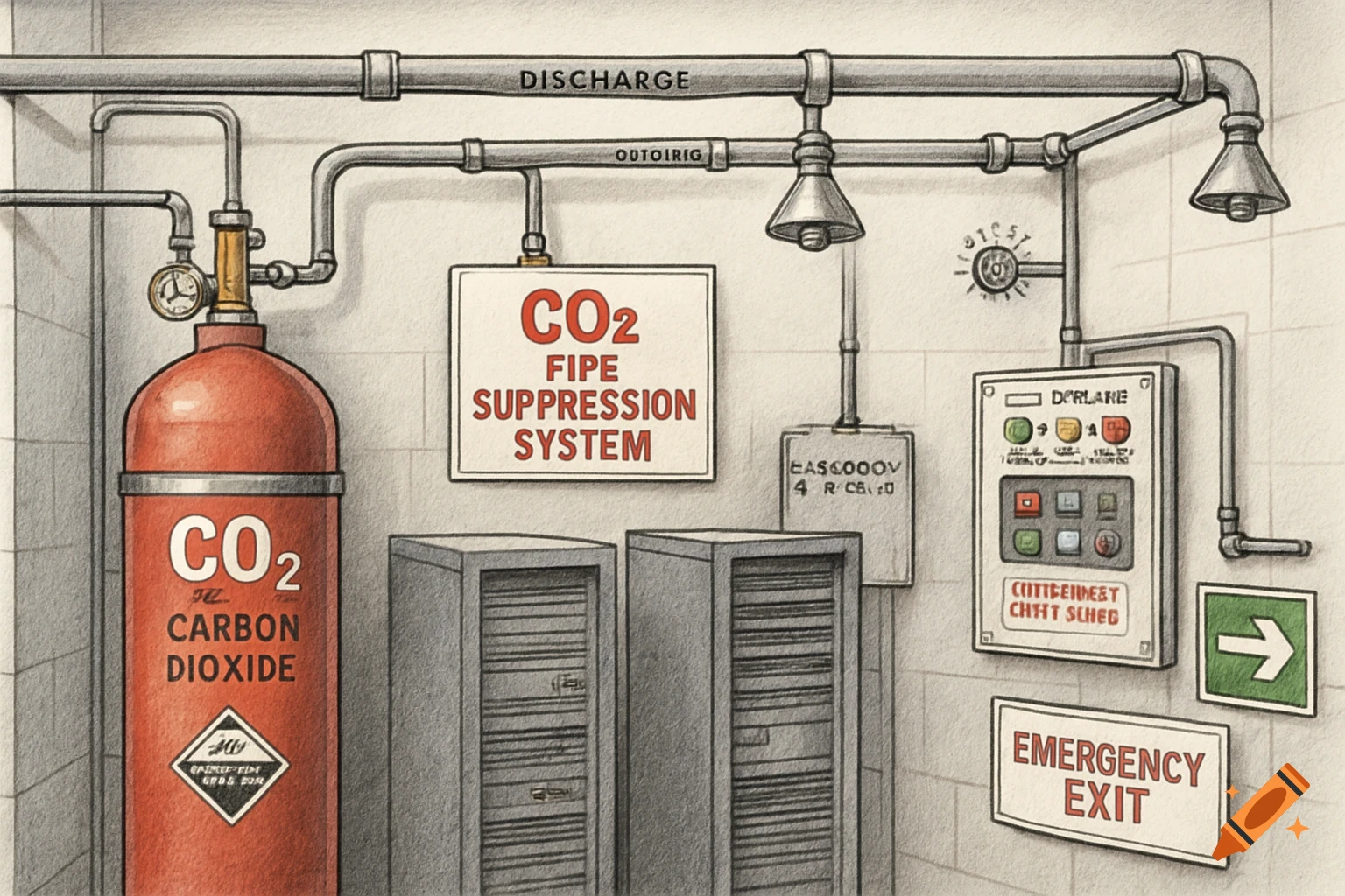 Illustration of a CO2 fire suppression system with cylinder, pipes, control panel, and signs.