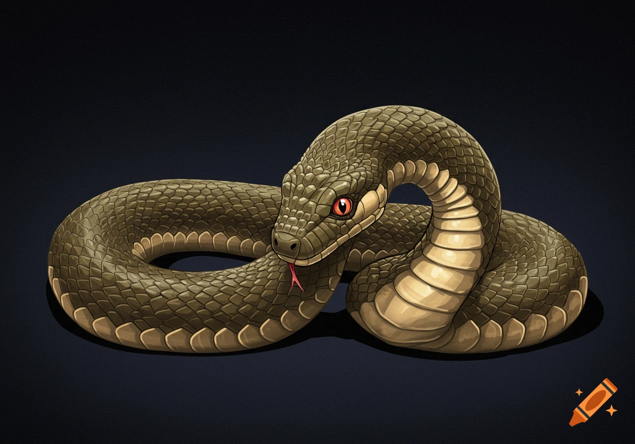 A coiled green snake with red eyes and flickering tongue.