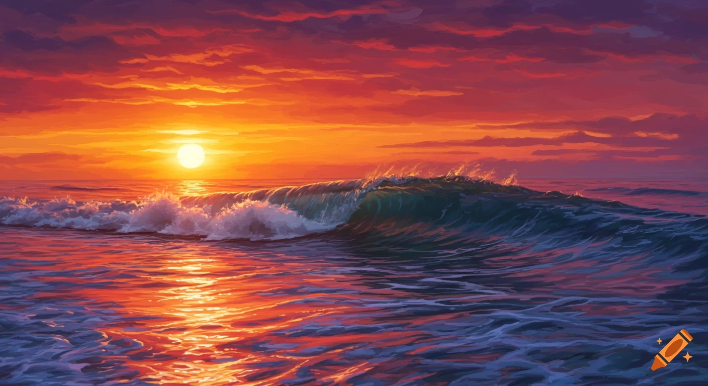 Ocean waves crashing at sunset