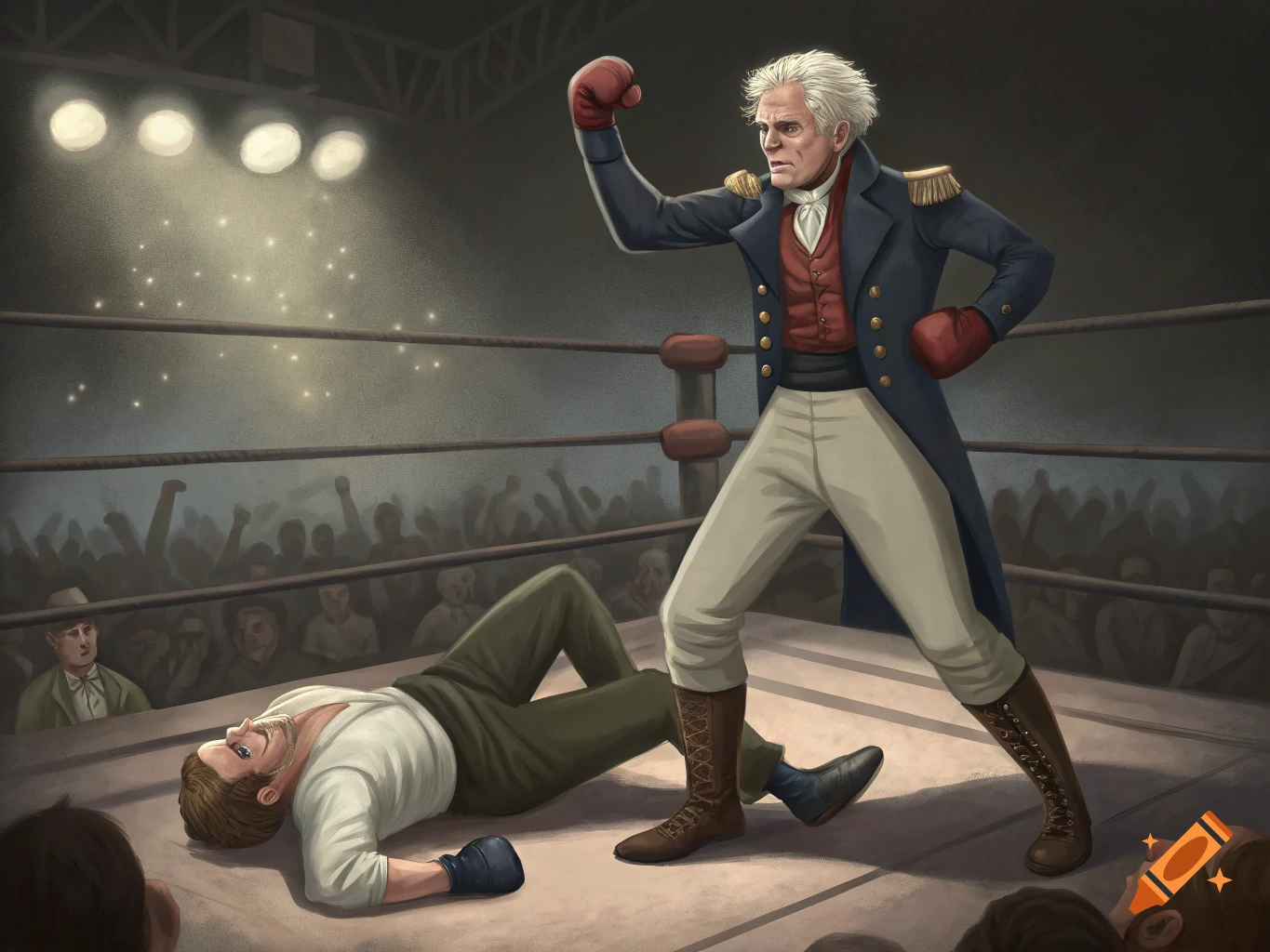 Illustration of an elderly man in a historical military coat winning a boxing match against a knocked-out opponent in a ring.