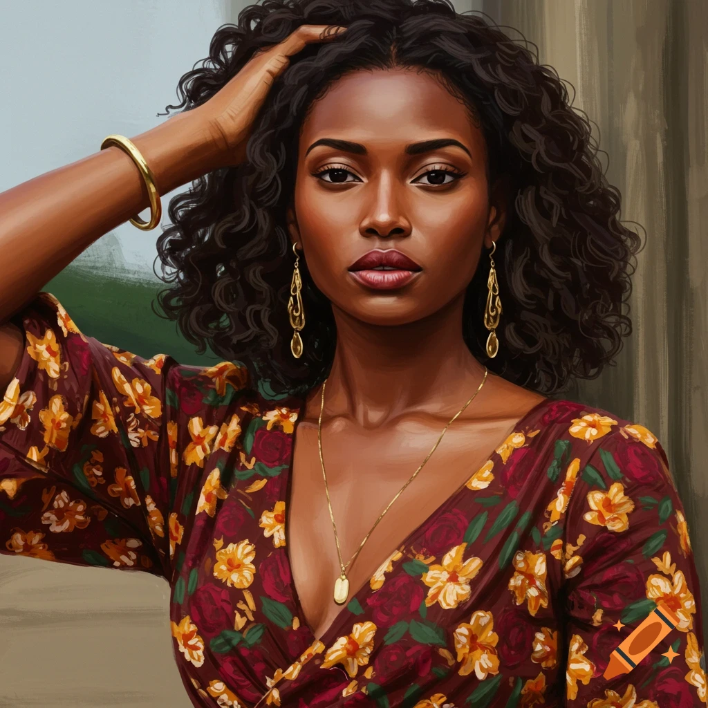 A woman with dark curly hair wearing a floral dress and gold jewelry