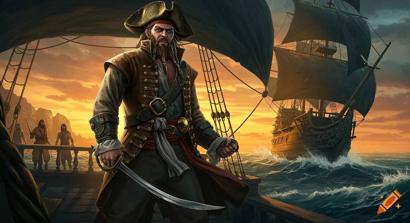 A fearsome pirate stands on a ship deck holding a cutlass at sunset on ...