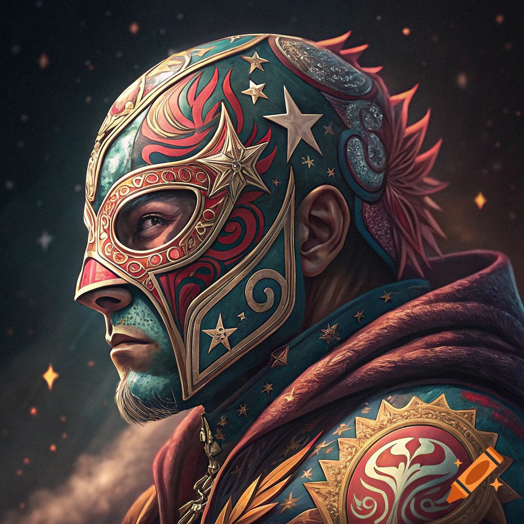 Close-up portrait of a person wearing an ornate lucha libre mask and hooded cloak against a starry background