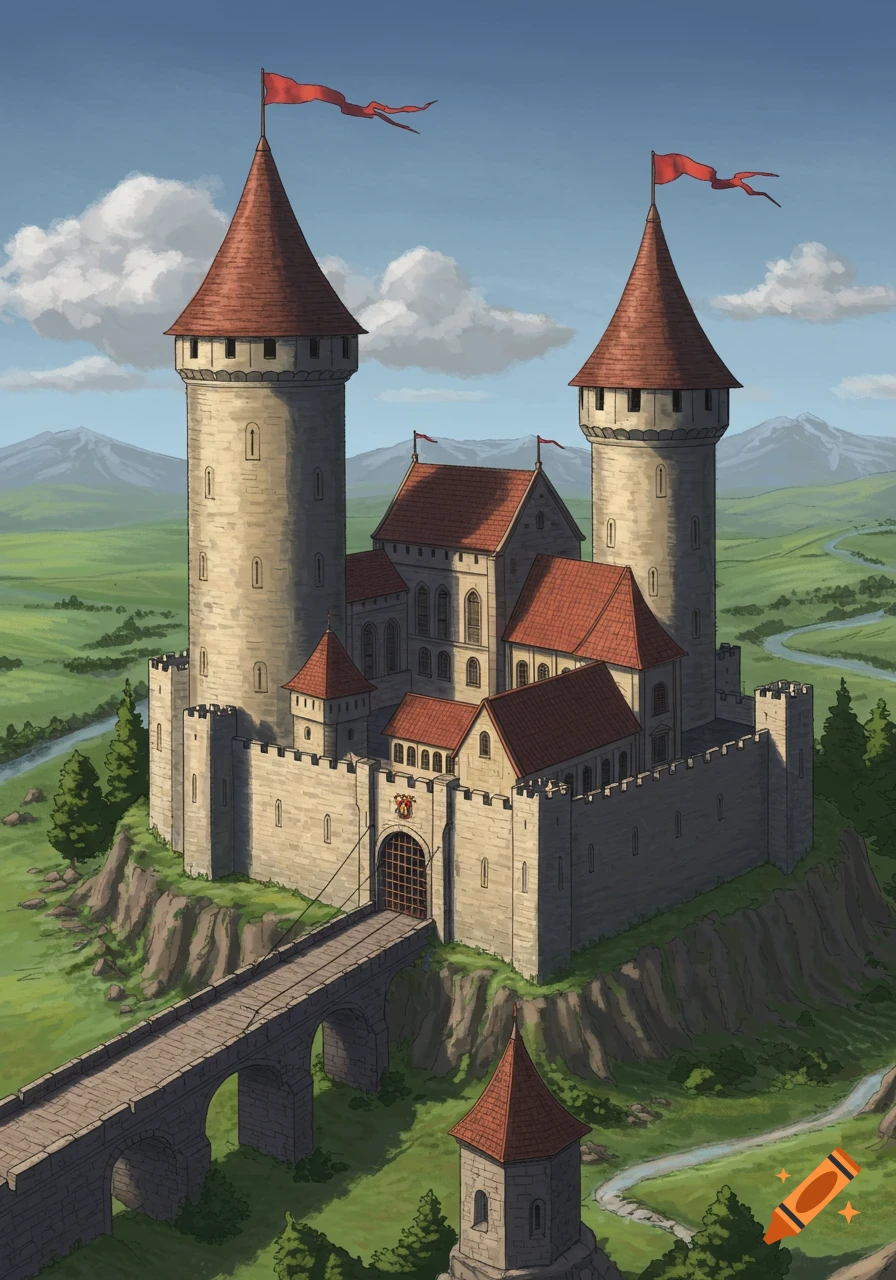 A fantasy castle on a hill with a bridge and mountains