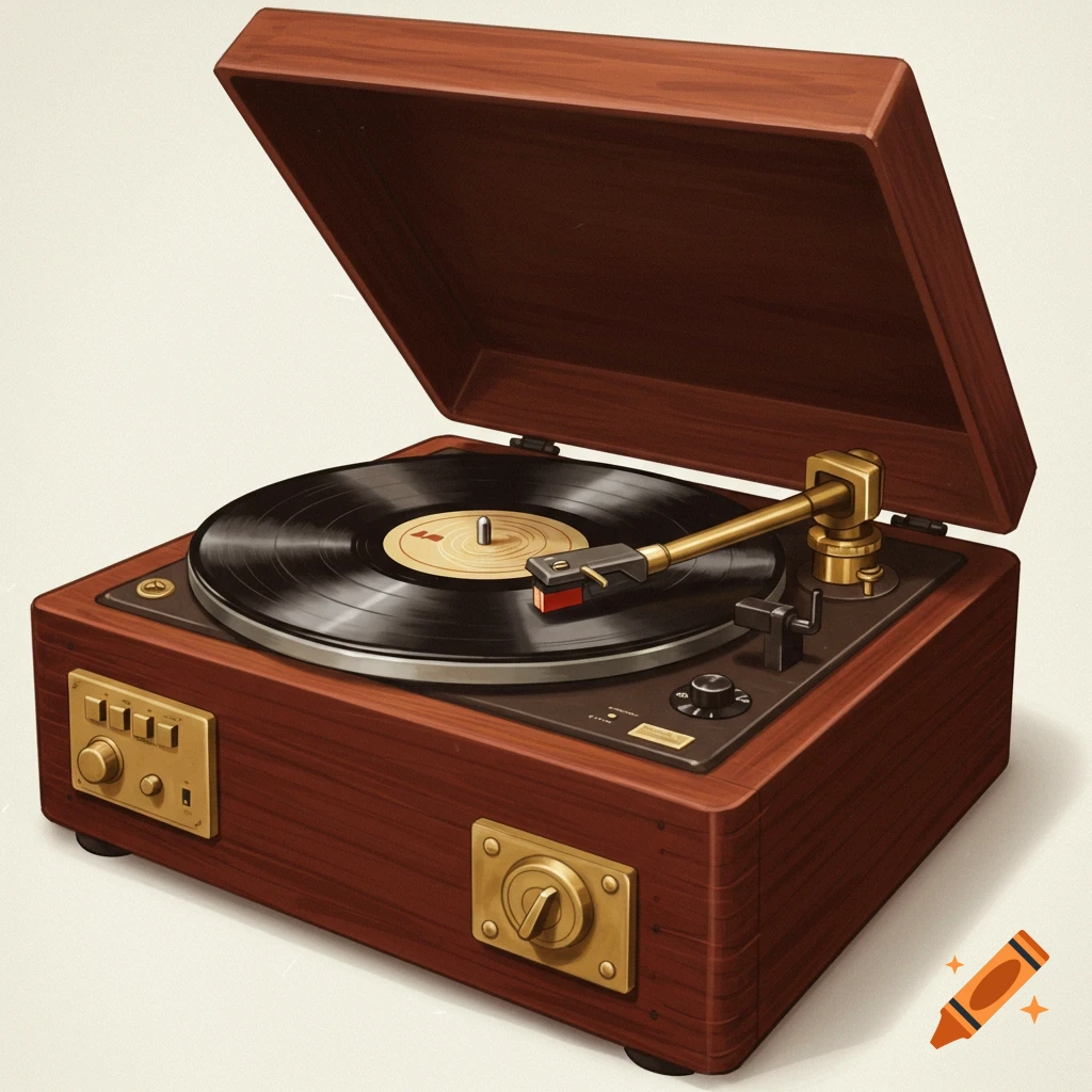 A vintage wooden record player with a record on the turntable.