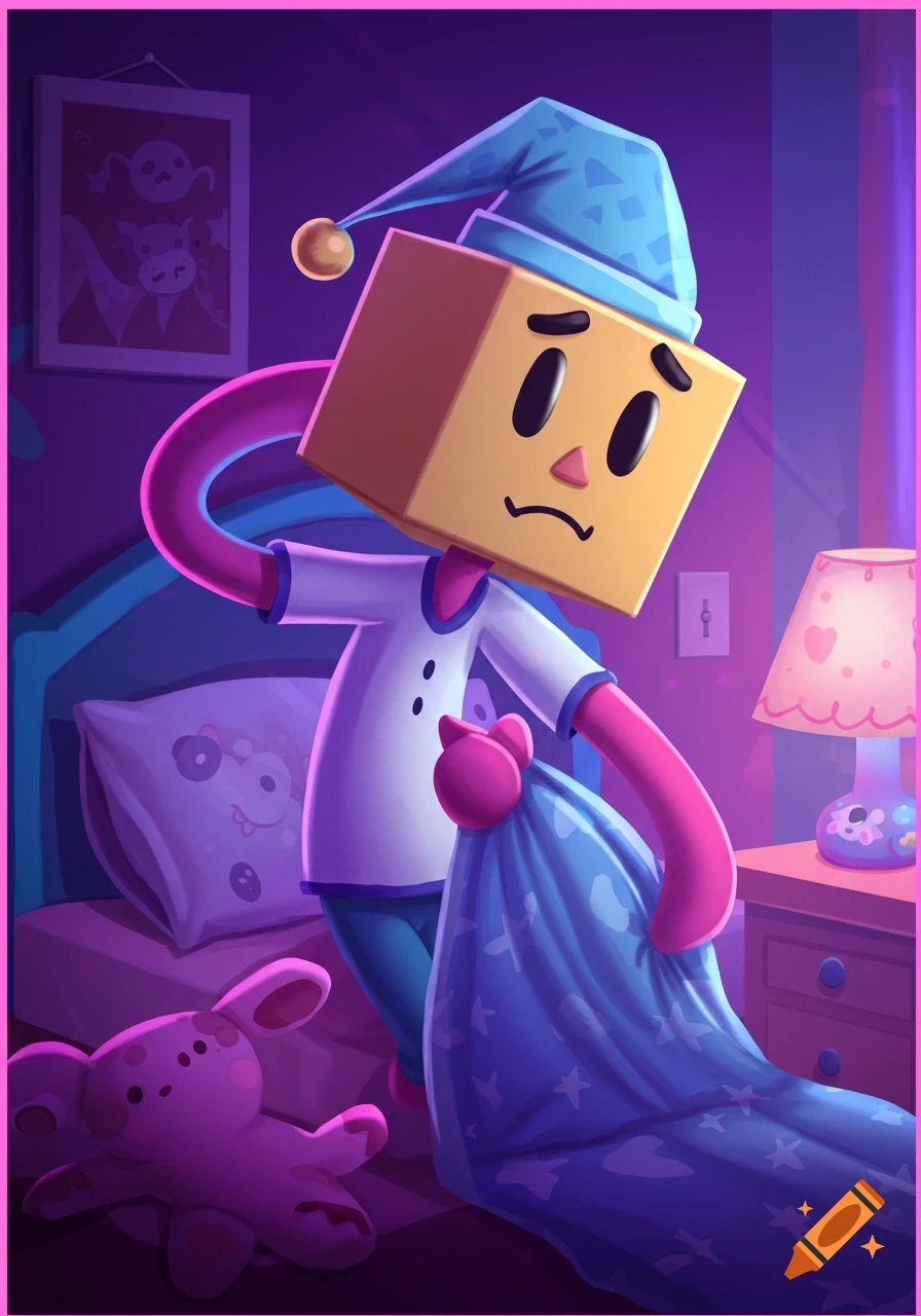 A cartoon character with a box head and pink limbs pulls down a blanket in a bedroom.