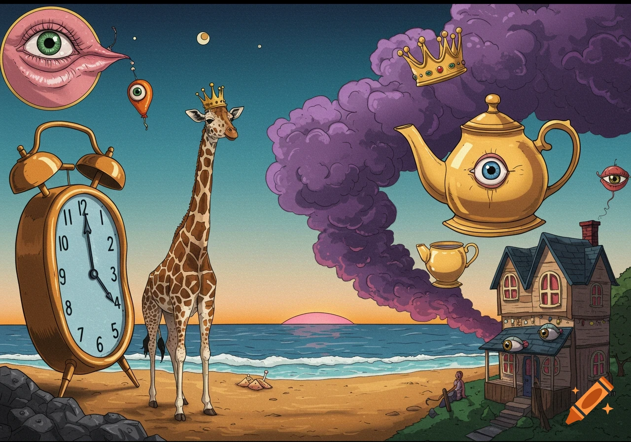 Surreal scene of a giraffe, clock, teapot, and house with eyes on a beach at sunset.