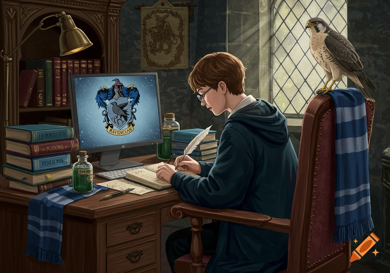 A young Ravenclaw student writes at a desk with books, a computer showing the crest, and a falcon on the chair.