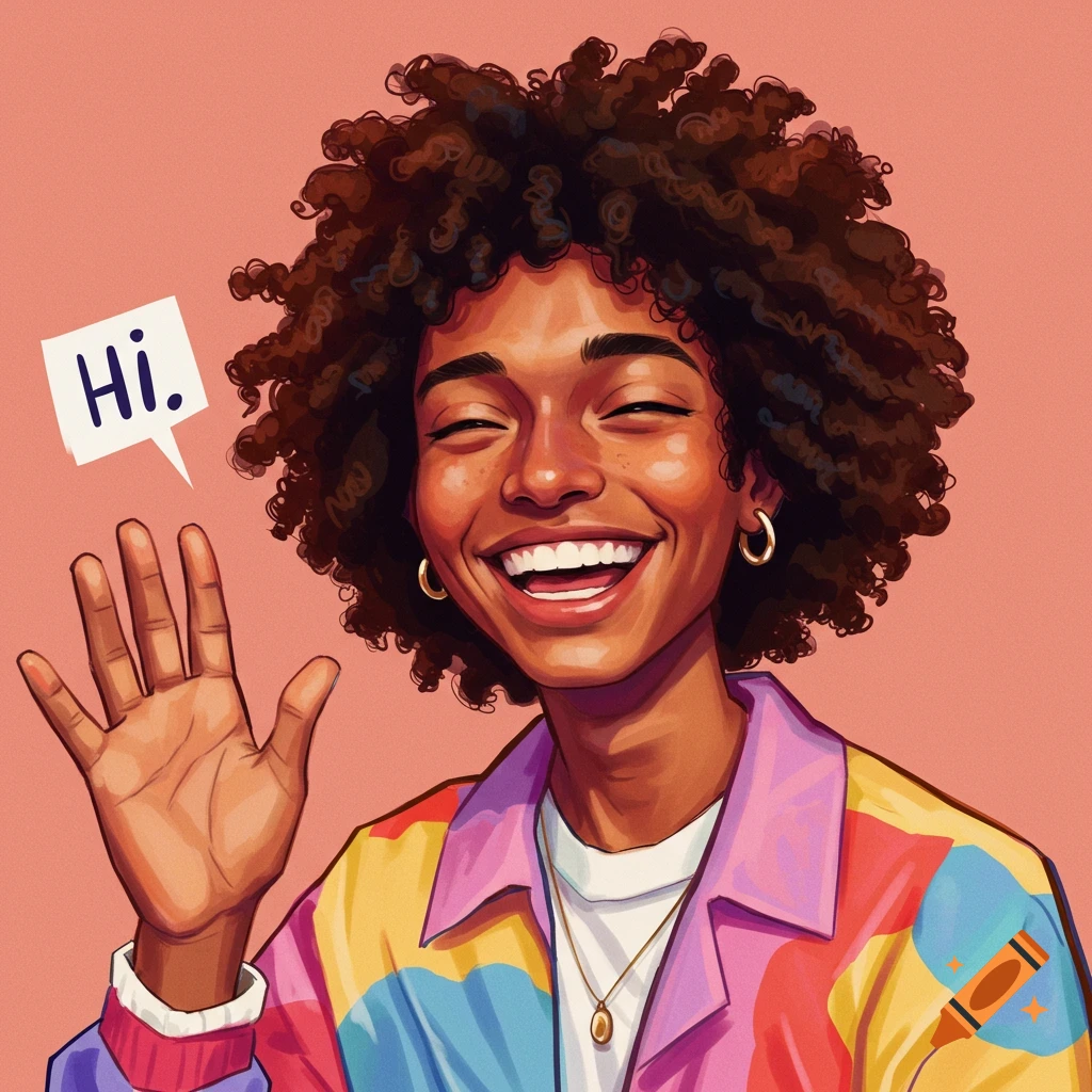 A smiling person with curly hair wearing a colorful jacket and waving, with a speech bubble saying "HI."