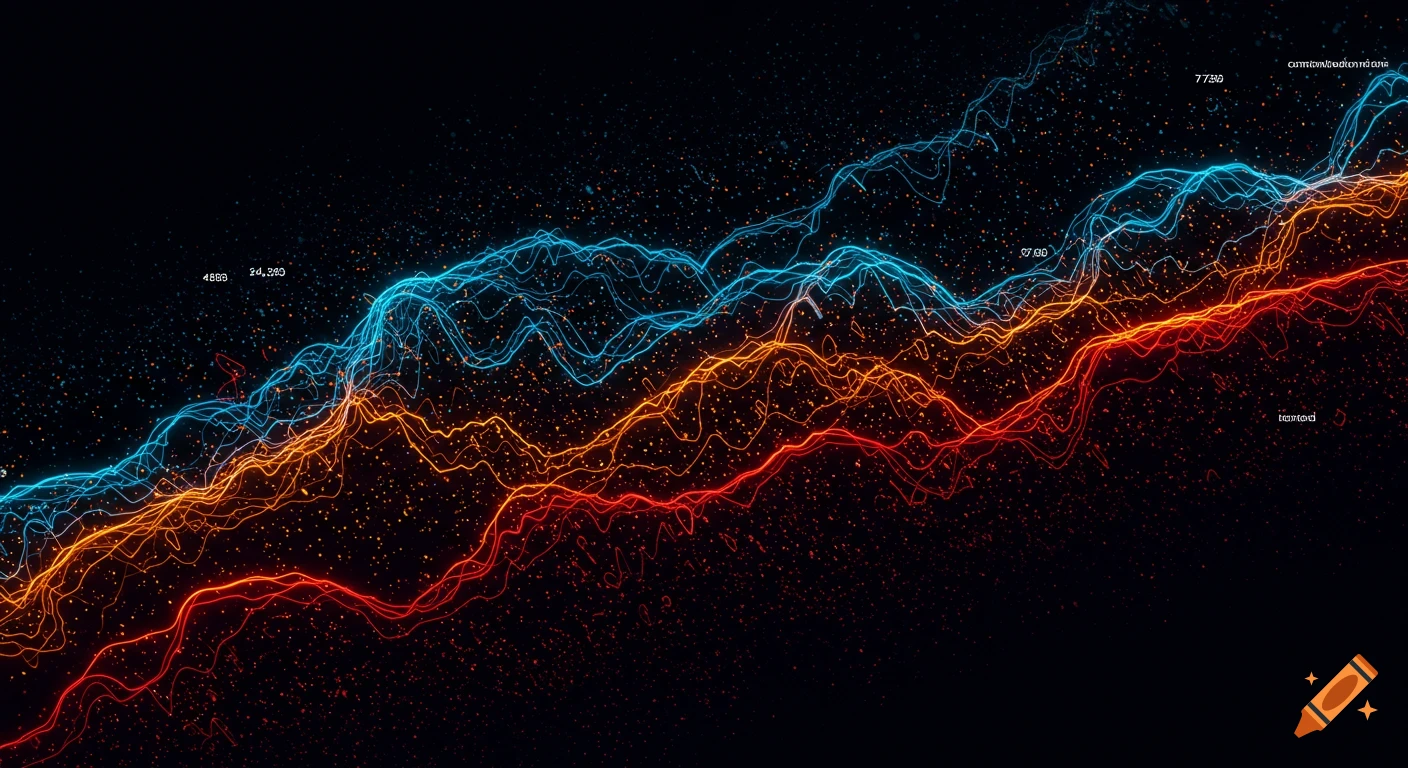 Abstract visualization with wavy neon blue and orange lines on a dark background, resembling data streams or energy waves with scattered particles.