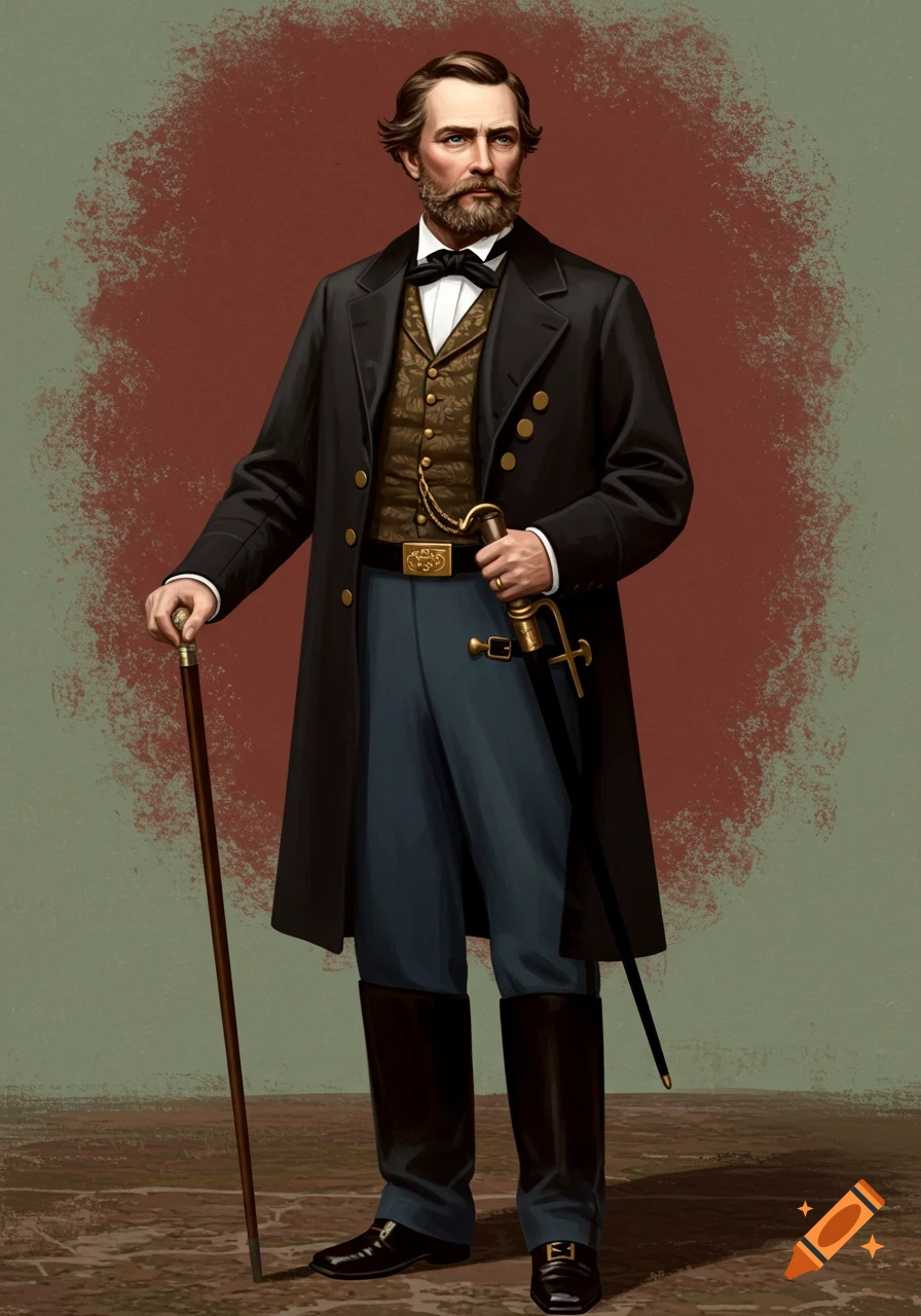 A bearded man in Civil War era attire holding a cane and sword.