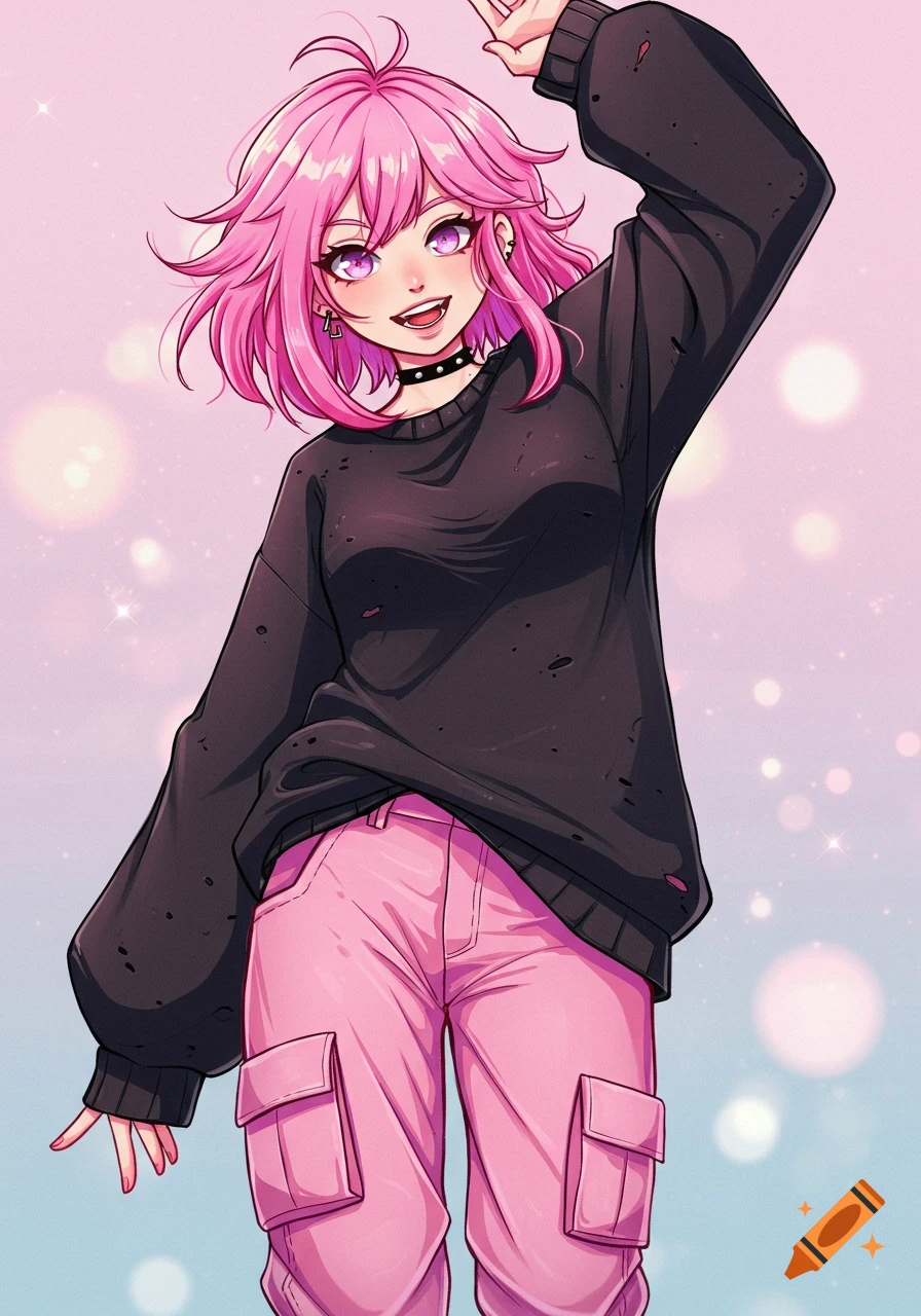 Anime girl with pink hair wearing a black sweater and pink cargo pants