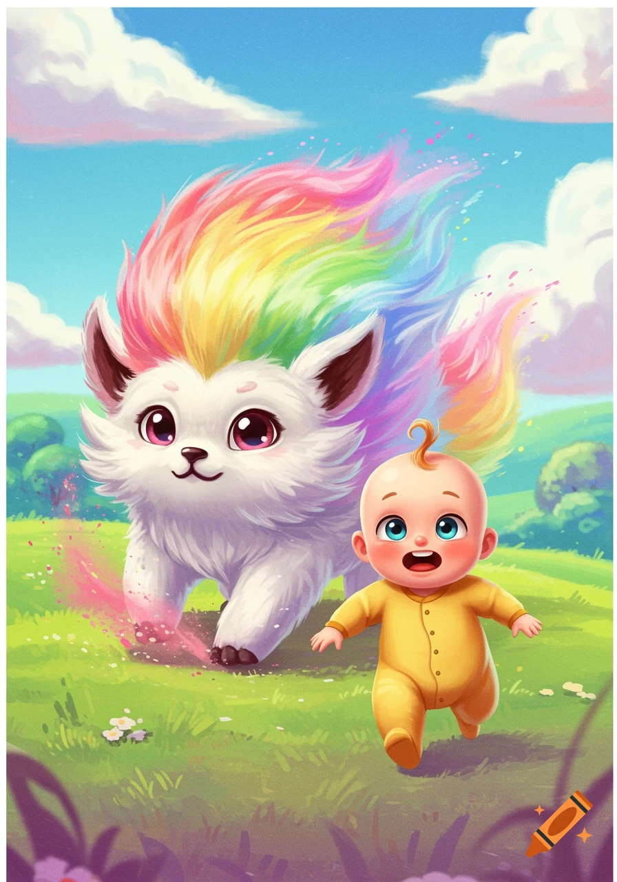 A baby running in a field with a fluffy white and rainbow creature.
