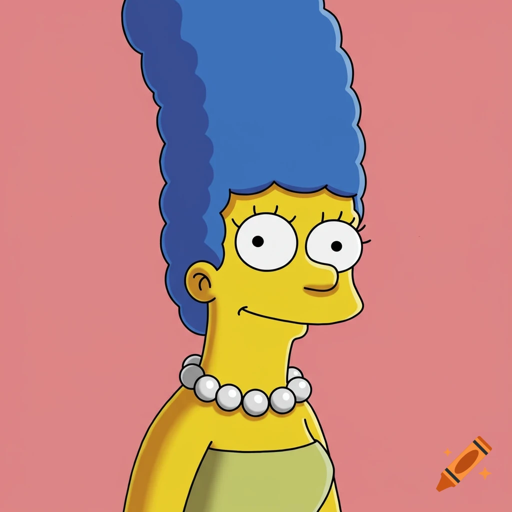 A cartoon portrait of Marge Simpson smiling, wearing a pearl necklace and green dress.