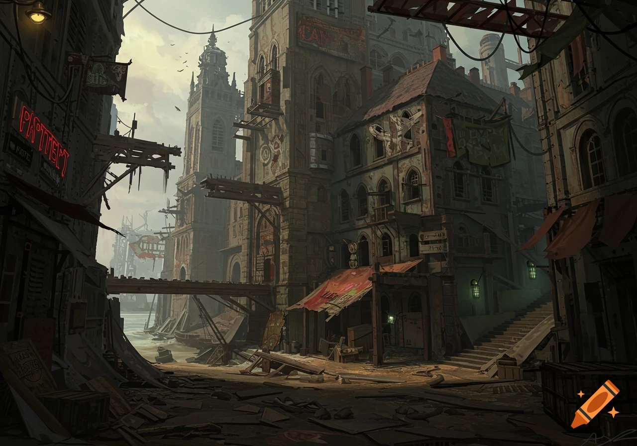 A grim, dilapidated urban cityscape with gothic architecture and debris.