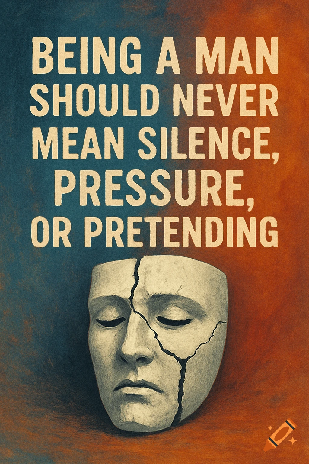 Graphic with text above a broken mask. Text reads 'Being a man should never mean silence, pressure, or pretending'.