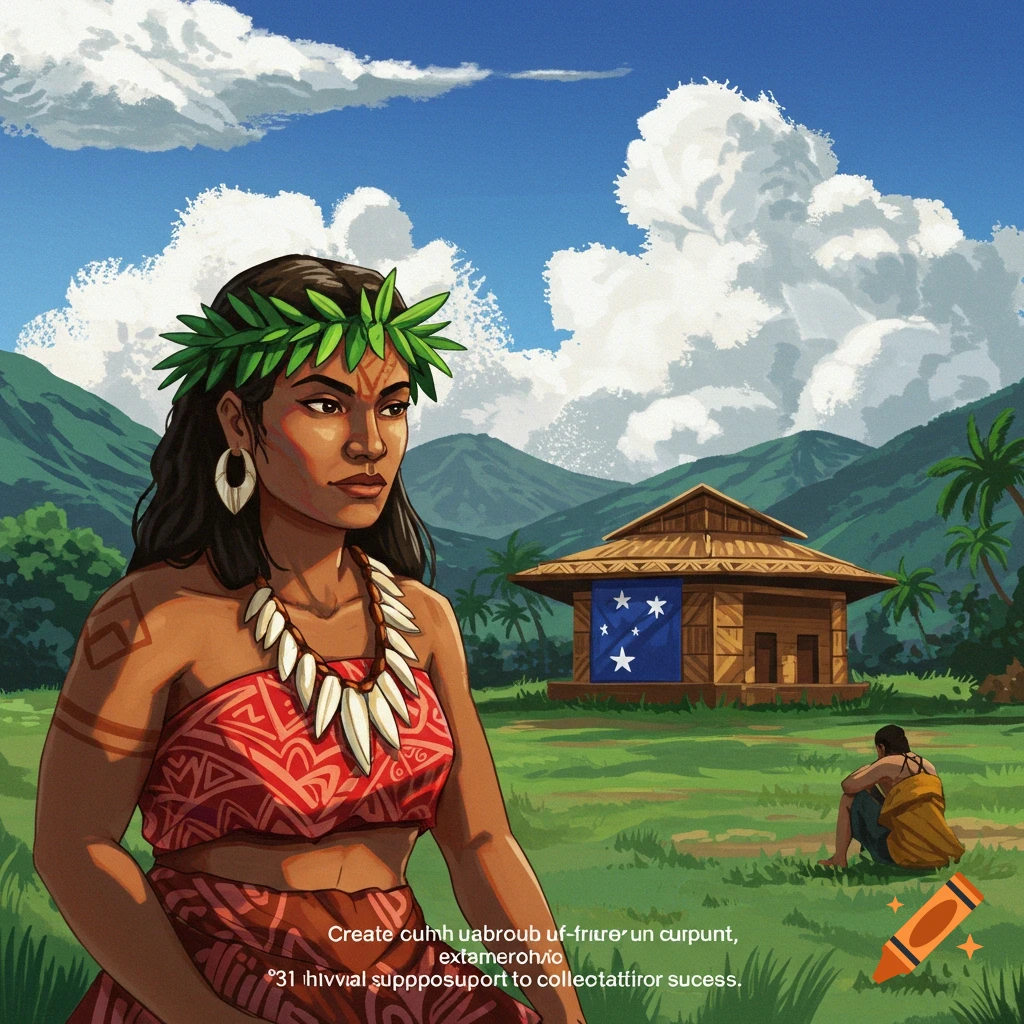 Painting of a woman in Samoan attire in a tropical landscape with a hut.