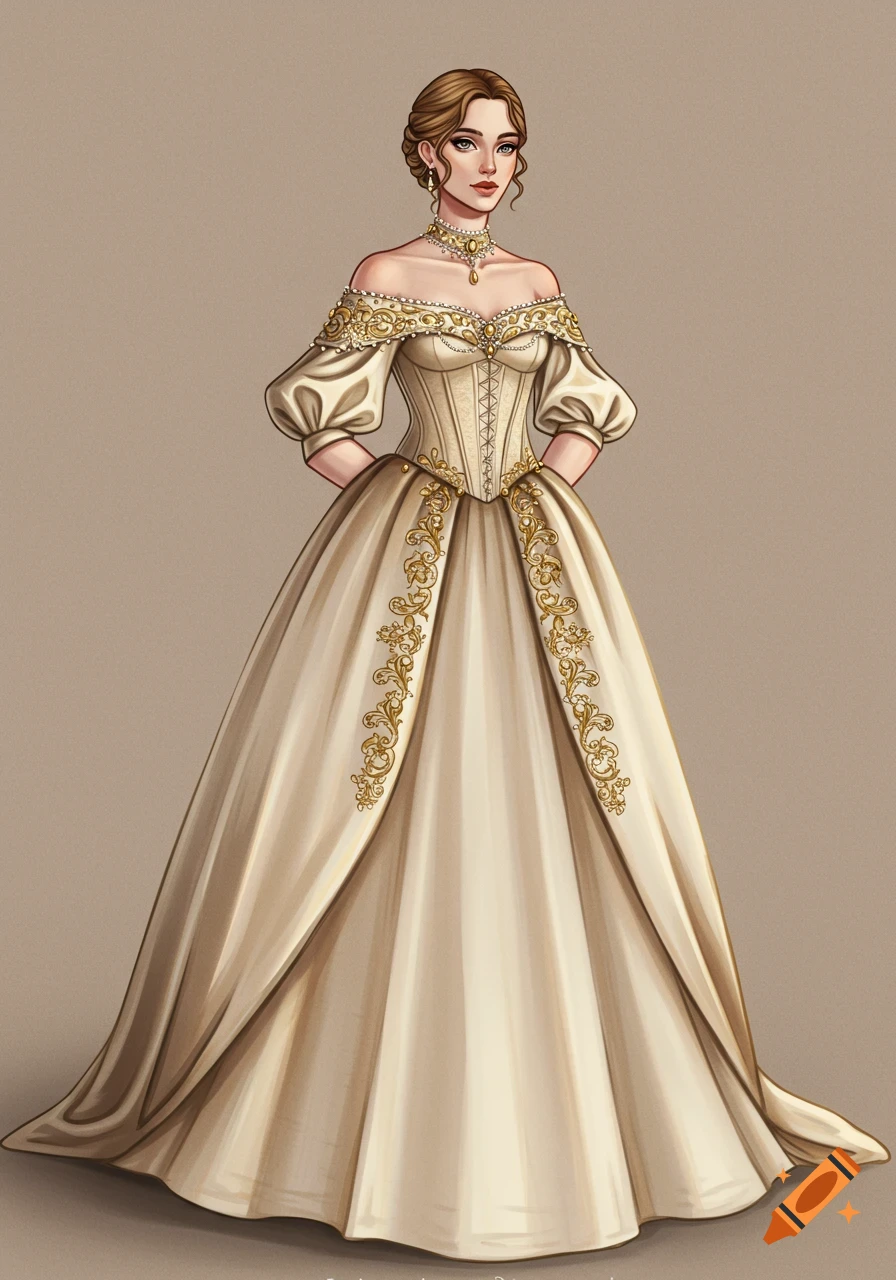 A woman wearing an ornate, off-the-shoulder princess gown.