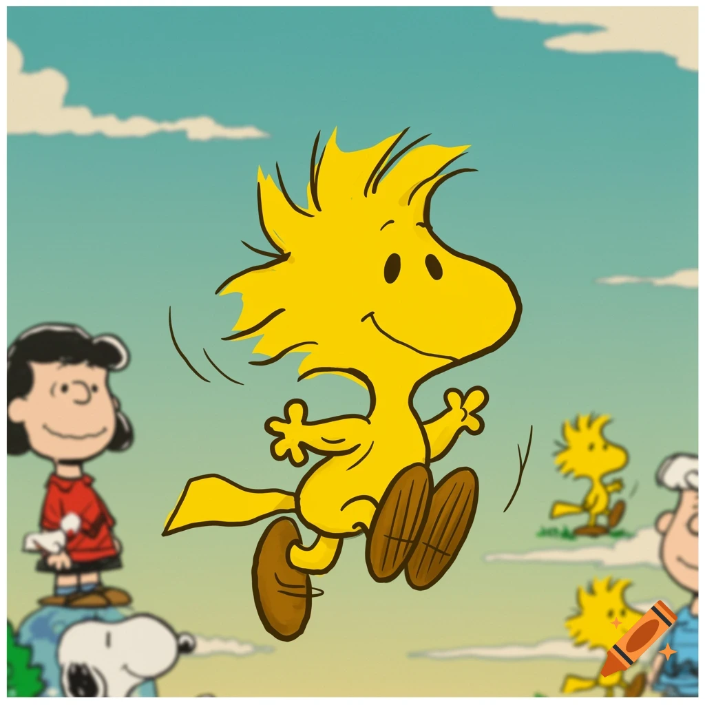Woodstock jumps with Lucy and Snoopy in the background in a Peanuts style illustration.