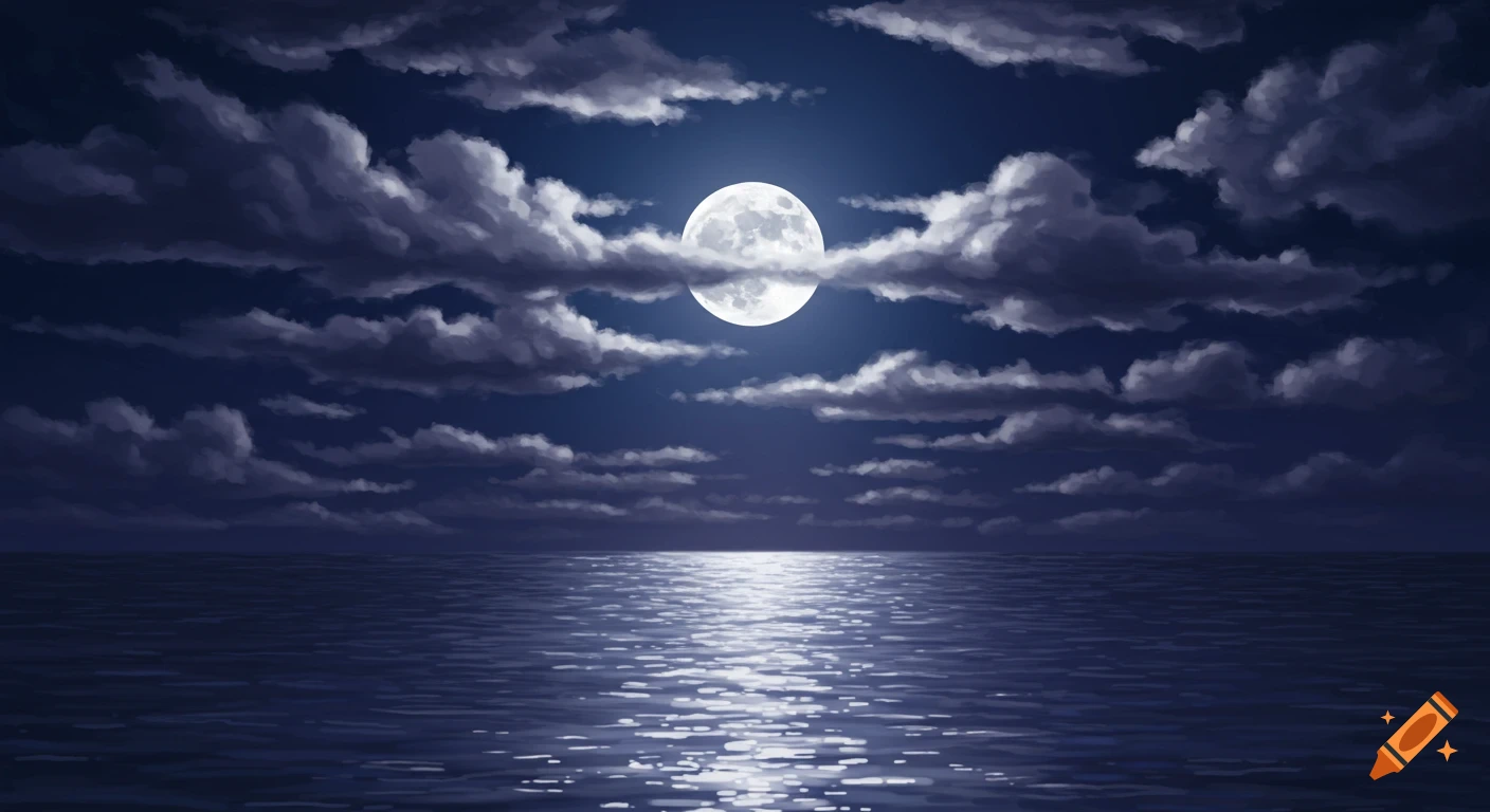 A full moon in a cloudy night sky reflecting on the ocean.