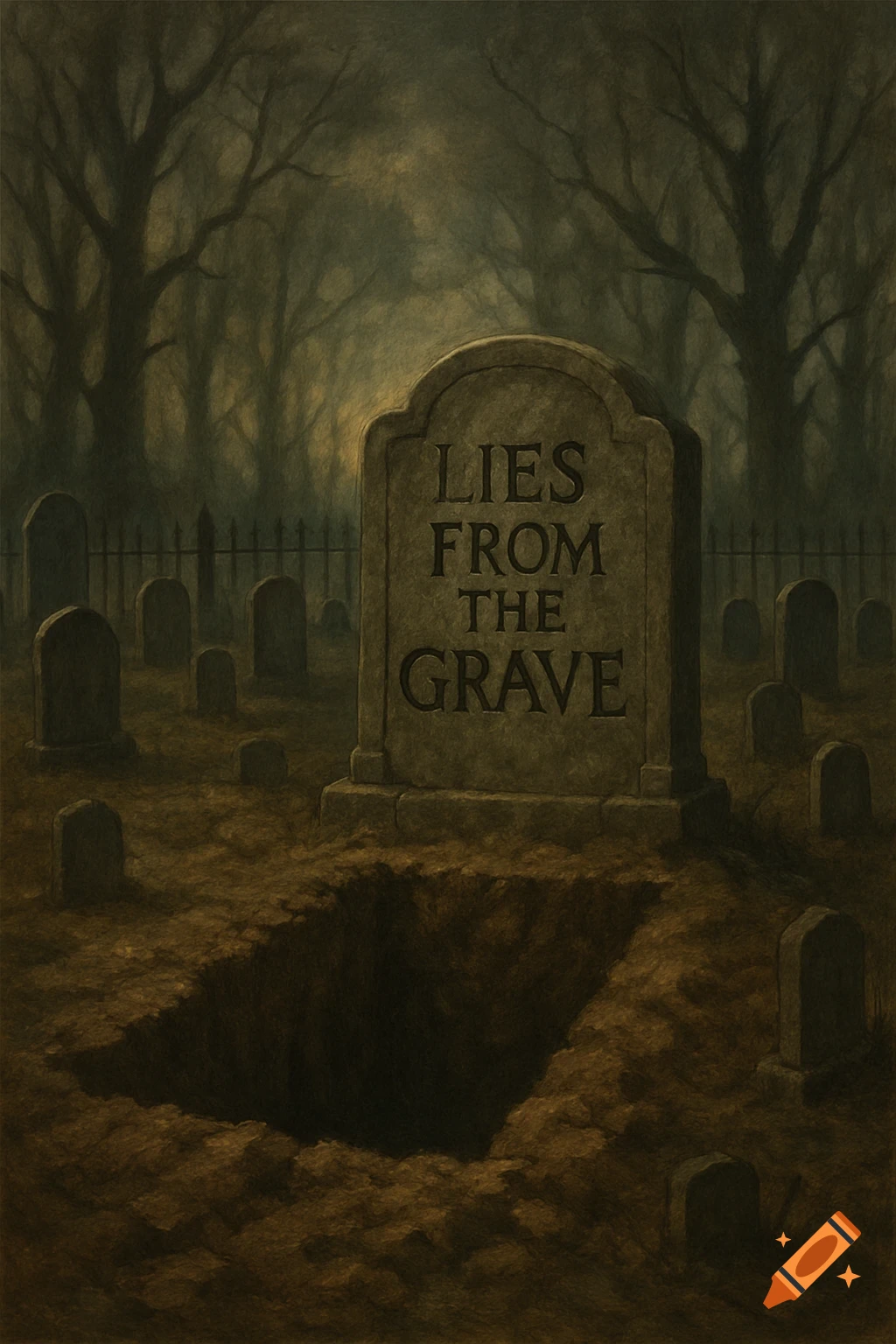 A graveyard scene featuring an open grave and a tombstone inscribed with 'Lies From The Grave'.