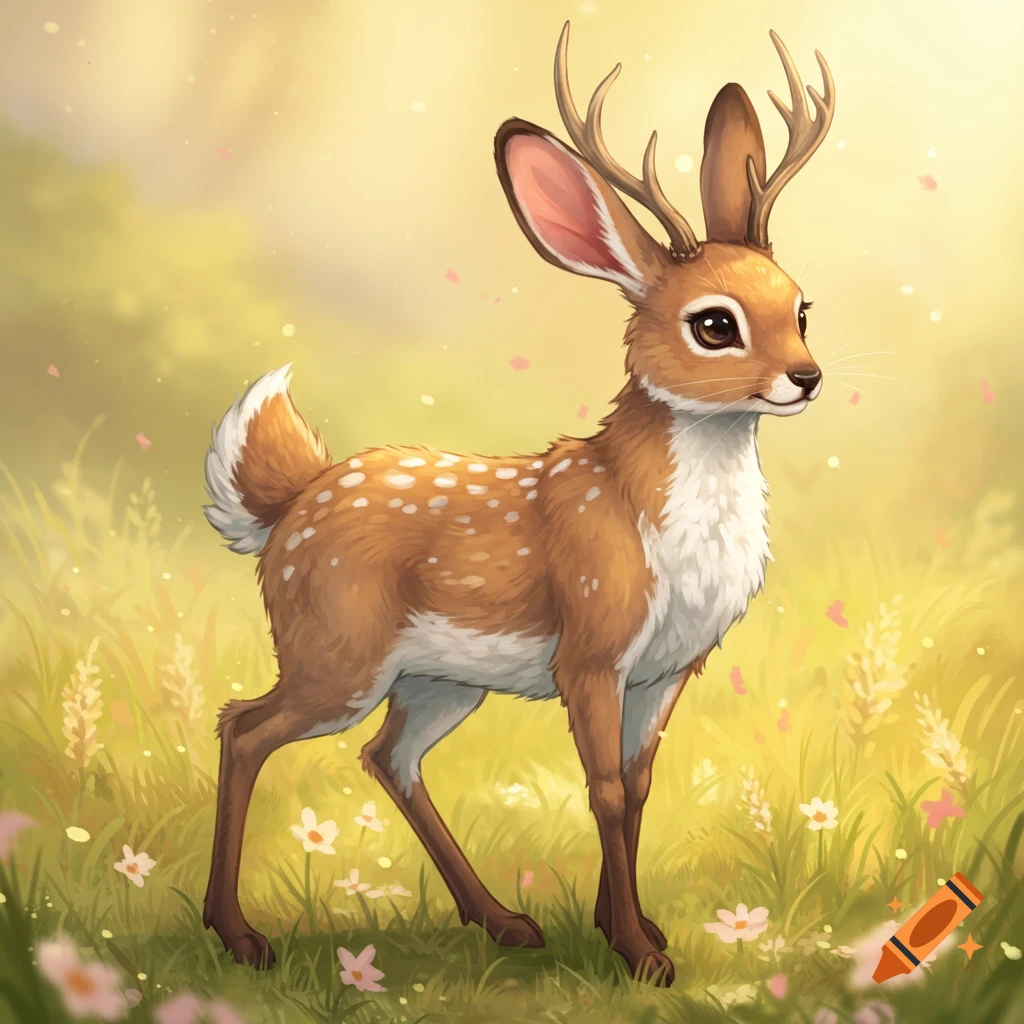 A cute deer and bunny fusion animal in a grassy meadow.