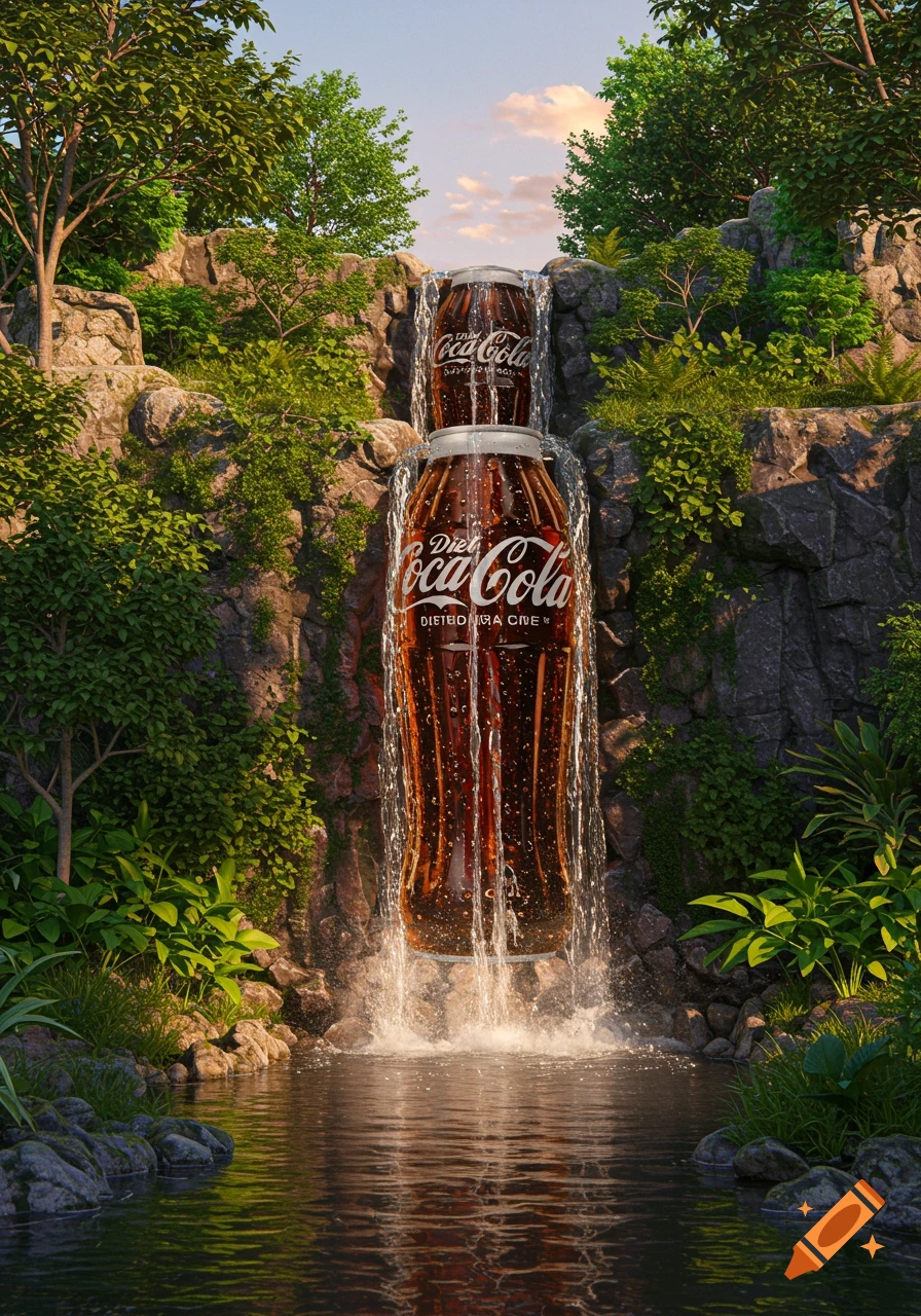 Large Diet Coca-Cola bottles forming a waterfall in a forest.