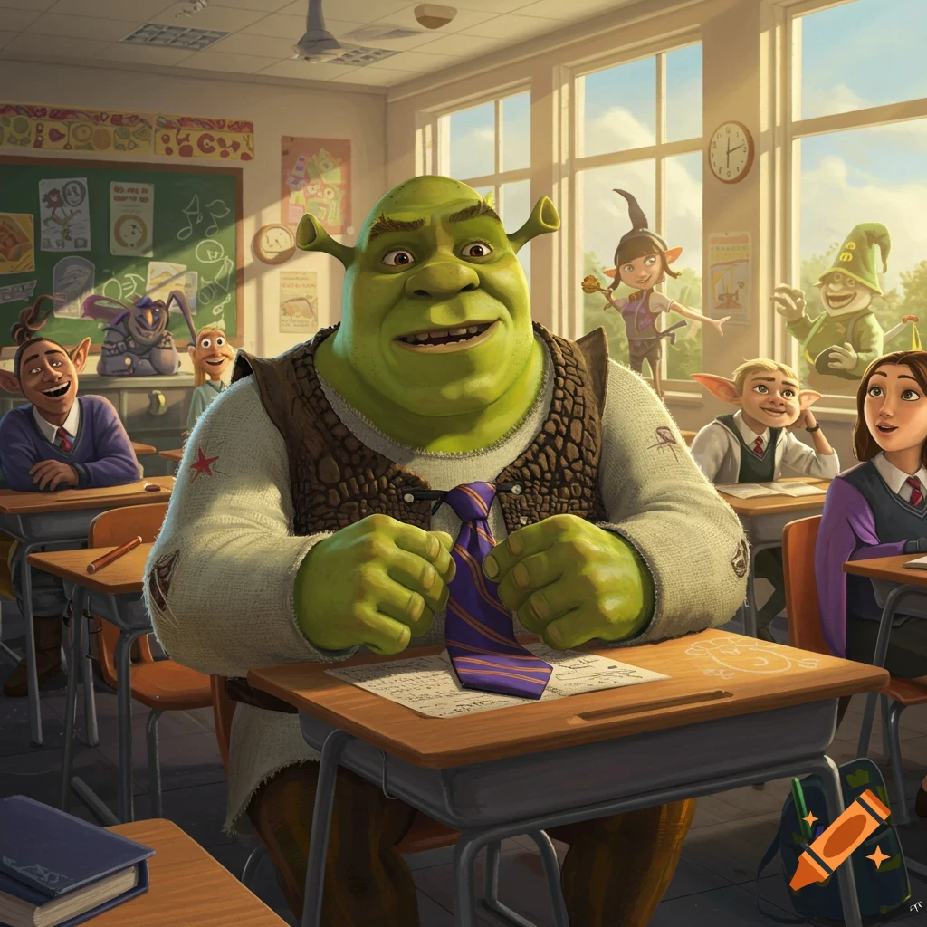 Shrek sits at a desk in a classroom with other fantasy creatures.