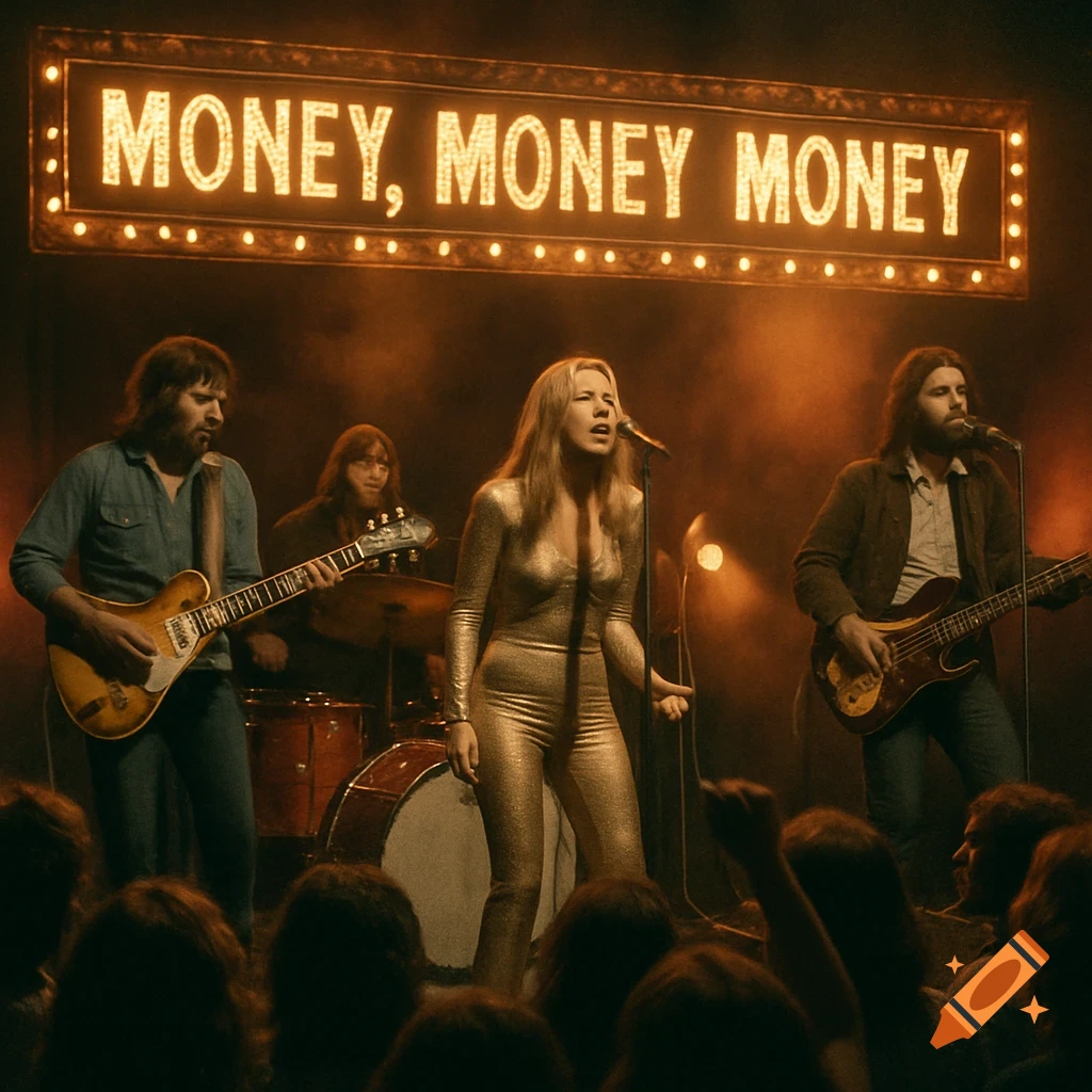 A band performs on a stage under a sign that says 'MONEY, MONEY MONEY', in a 1970s style rock concert.