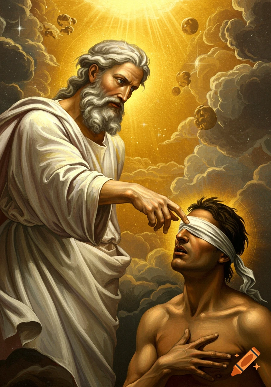 Painting of God taking blindfold off a man surrounded by clouds and golden light.