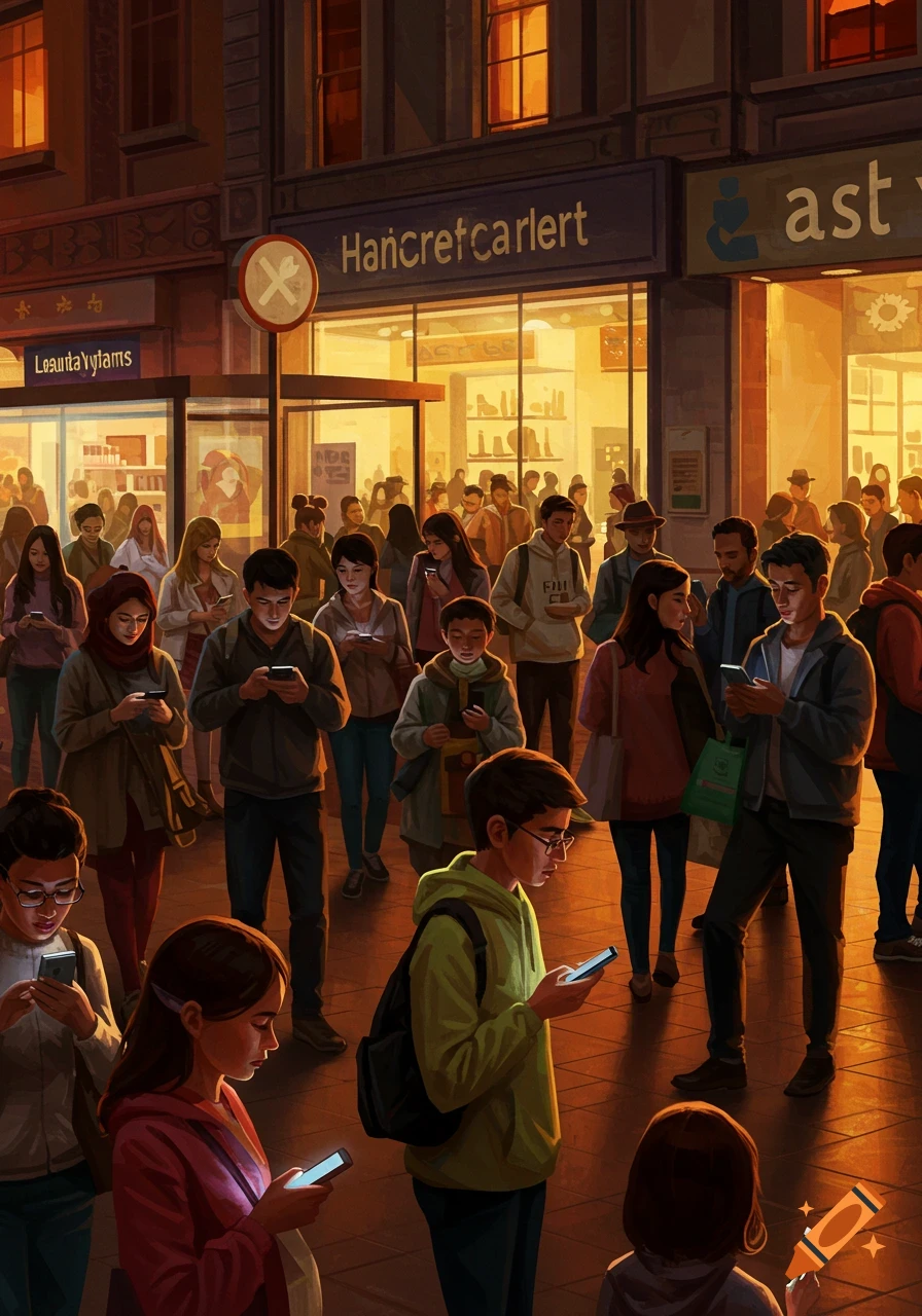 a crowded street scene at dusk with many people looking at their phones.