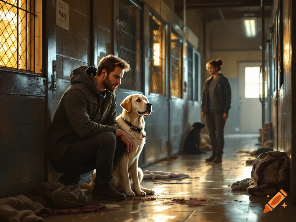 Man and dog in an animal shelter hallway.