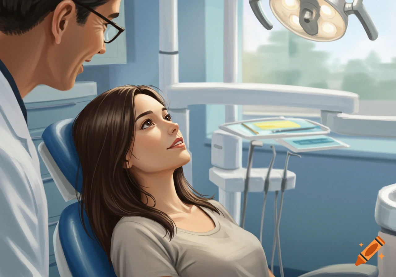 A woman sits in a dental chair looking up at a dentist.