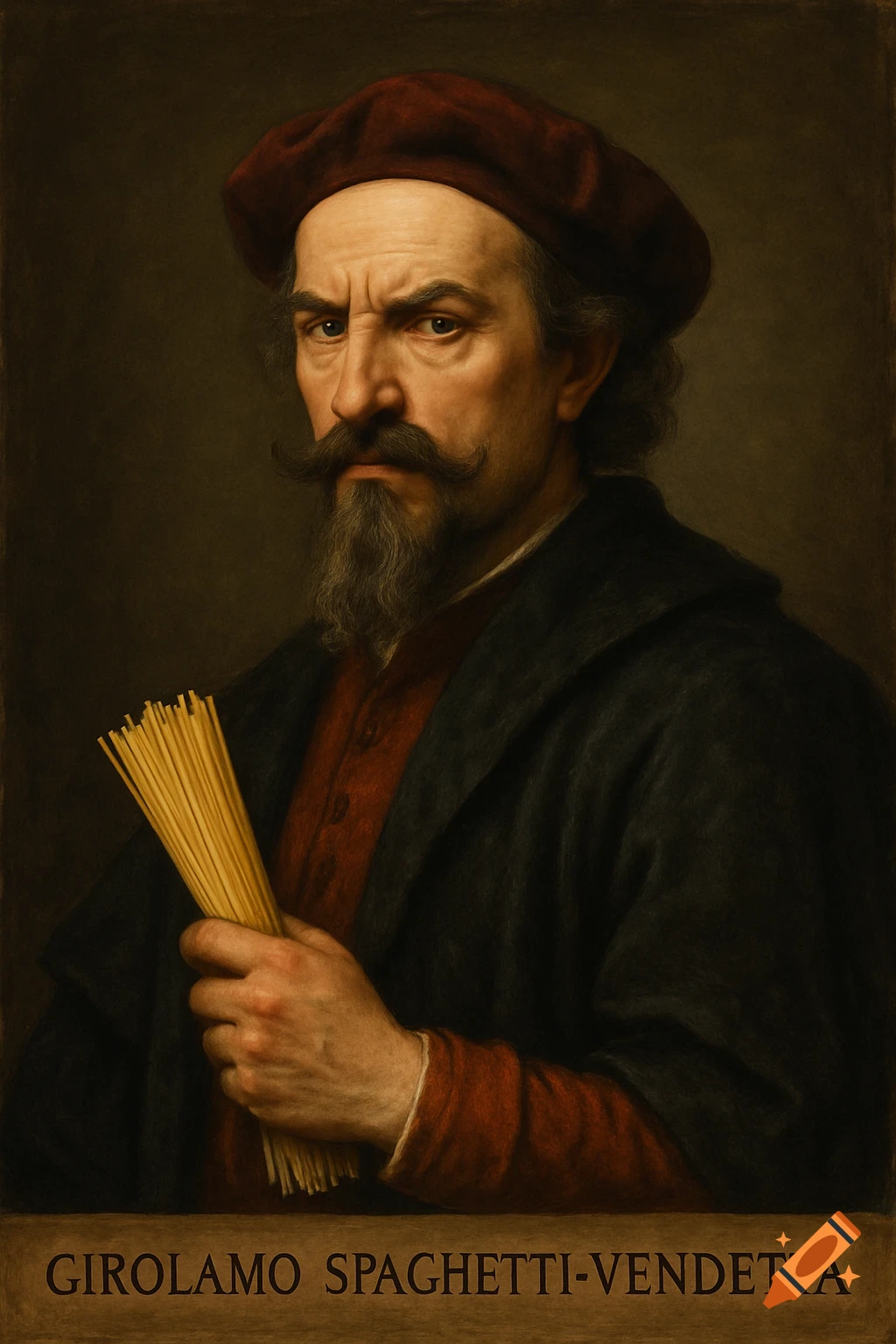 Portrait of a man in historical clothing holding spaghetti, with the name Girolamo Spaghetti-Vendetta below.