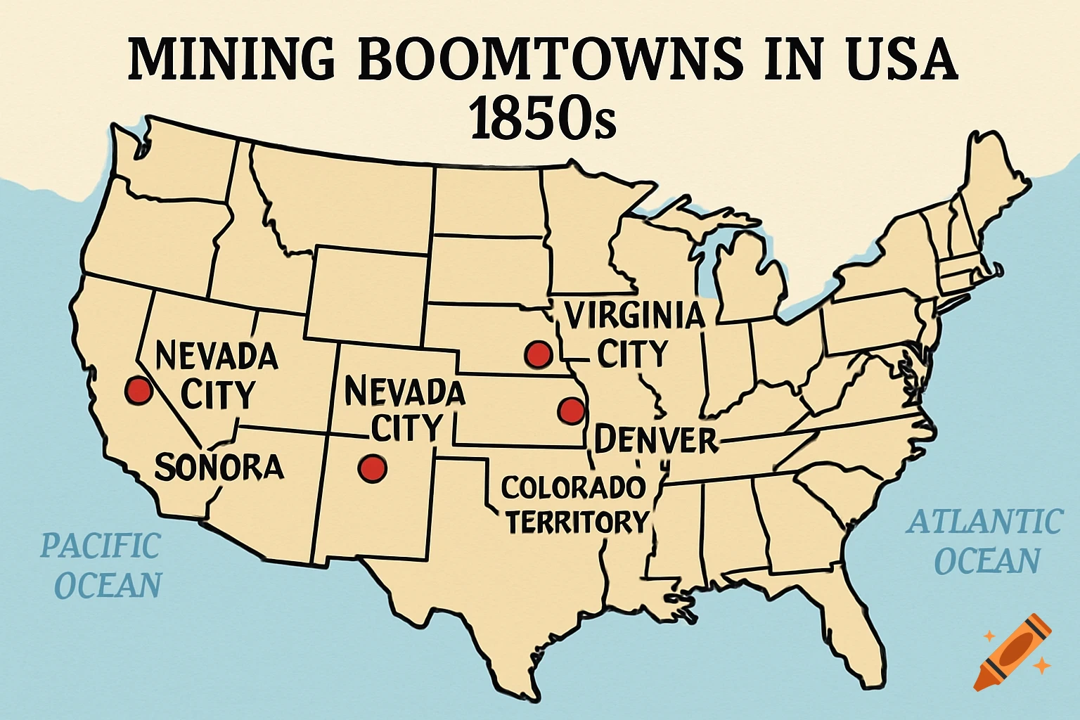 Clipart map of USA in the 1850s showing mining boomtown locations.