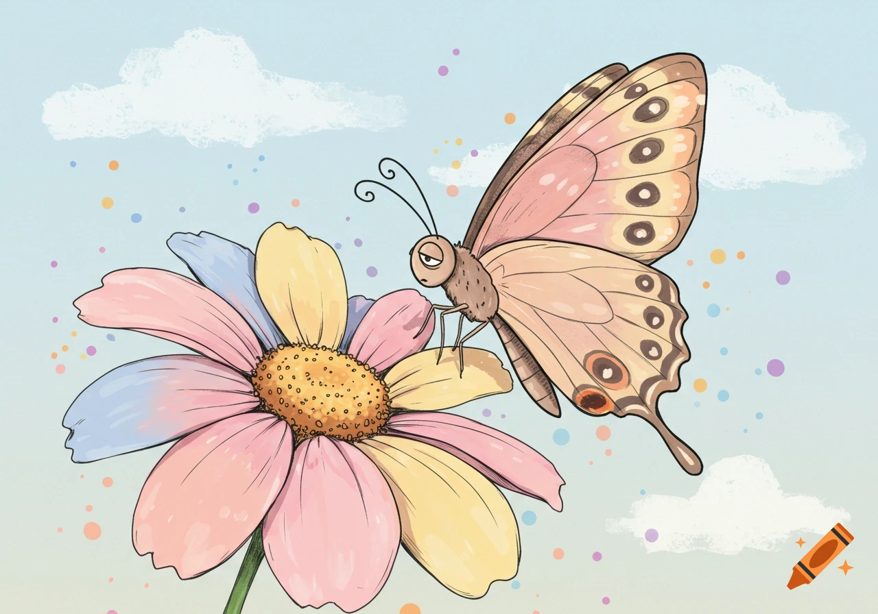 A whimsical illustration of an exhausted butterfly perched on a colorful flower, against a light blue sky.