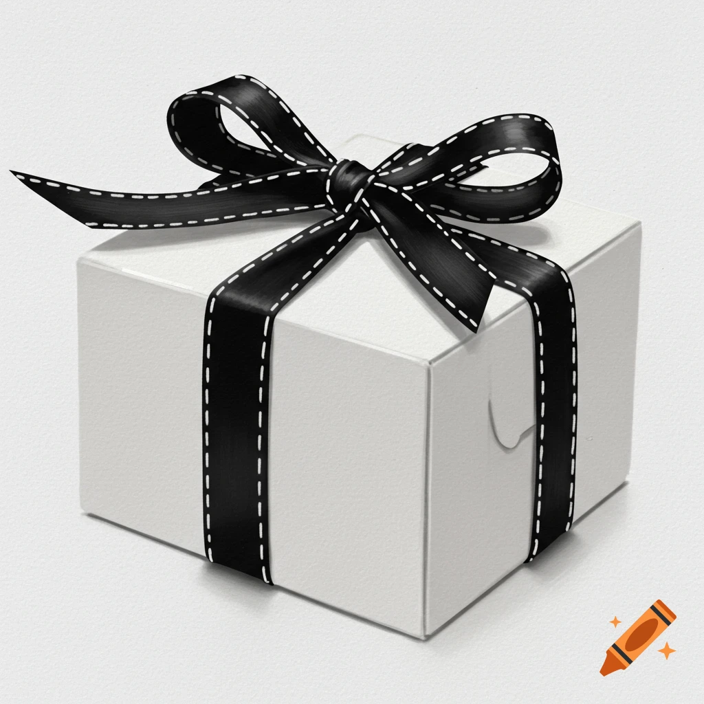 A white pastry box is wrapped with a black ribbon featuring white stitches, tied in a bow.