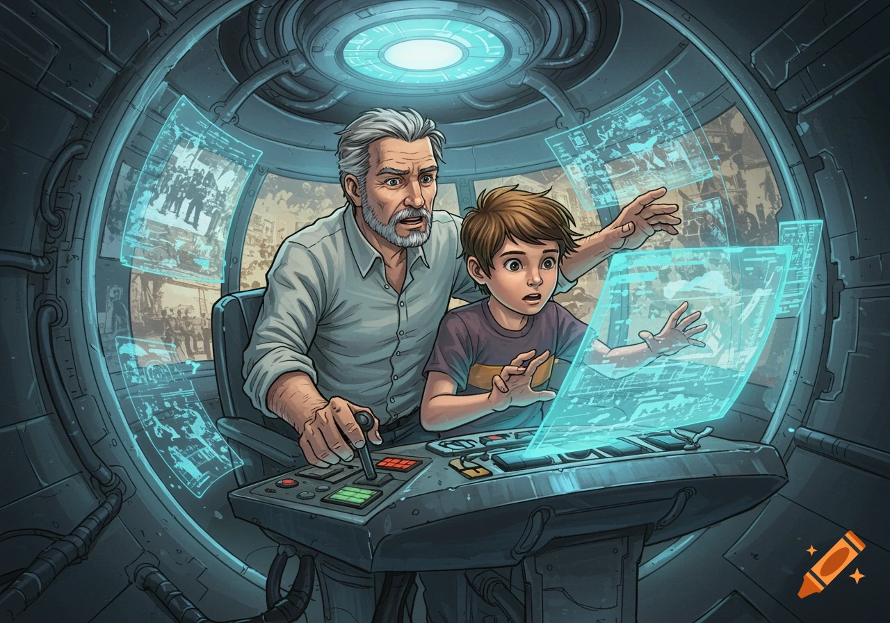 A father and son look at holographic displays in a futuristic time machine, digital comic book style.