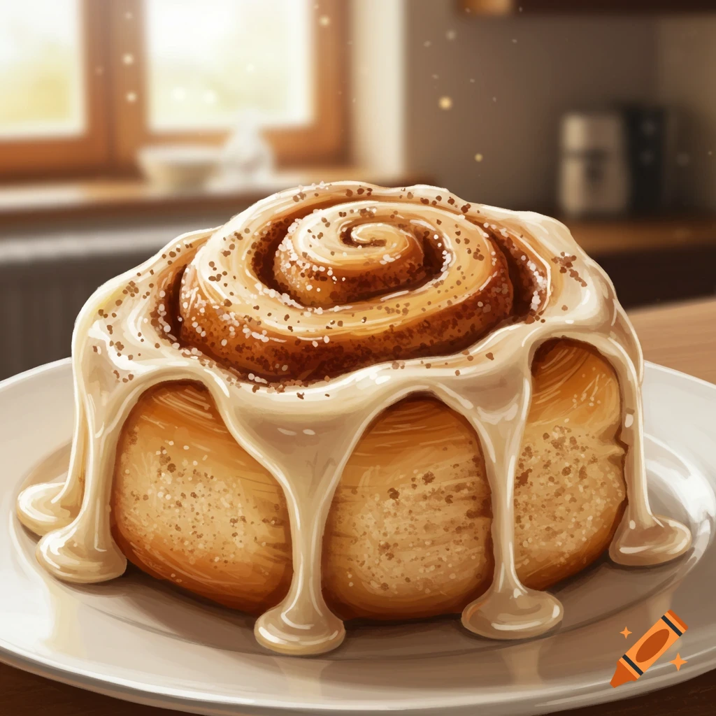 A close-up shot of a cinnamon roll with white icing on a plate.