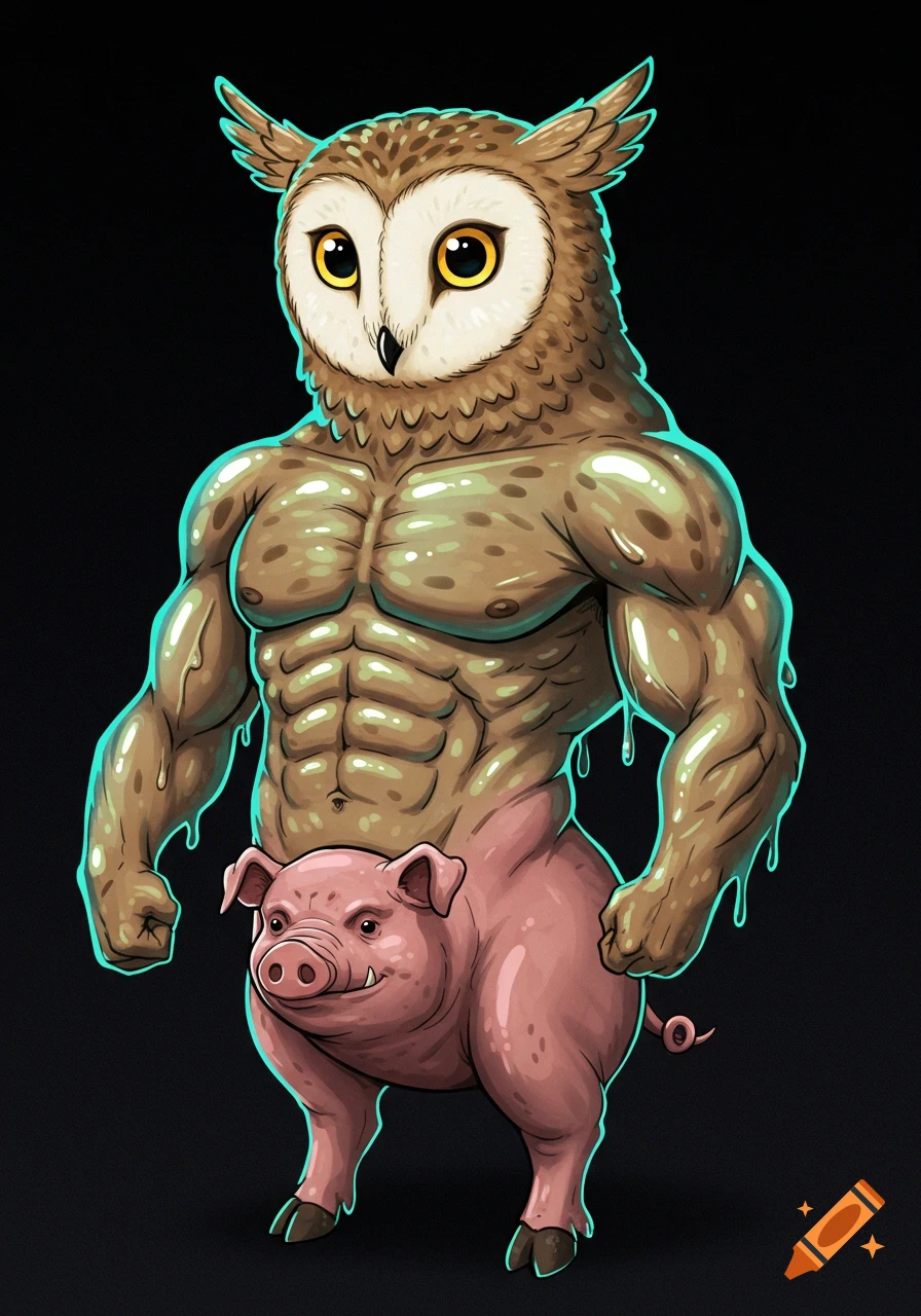 An illustration of a creature with an owl head, muscular torso, and pig legs. It has a slimy texture.
