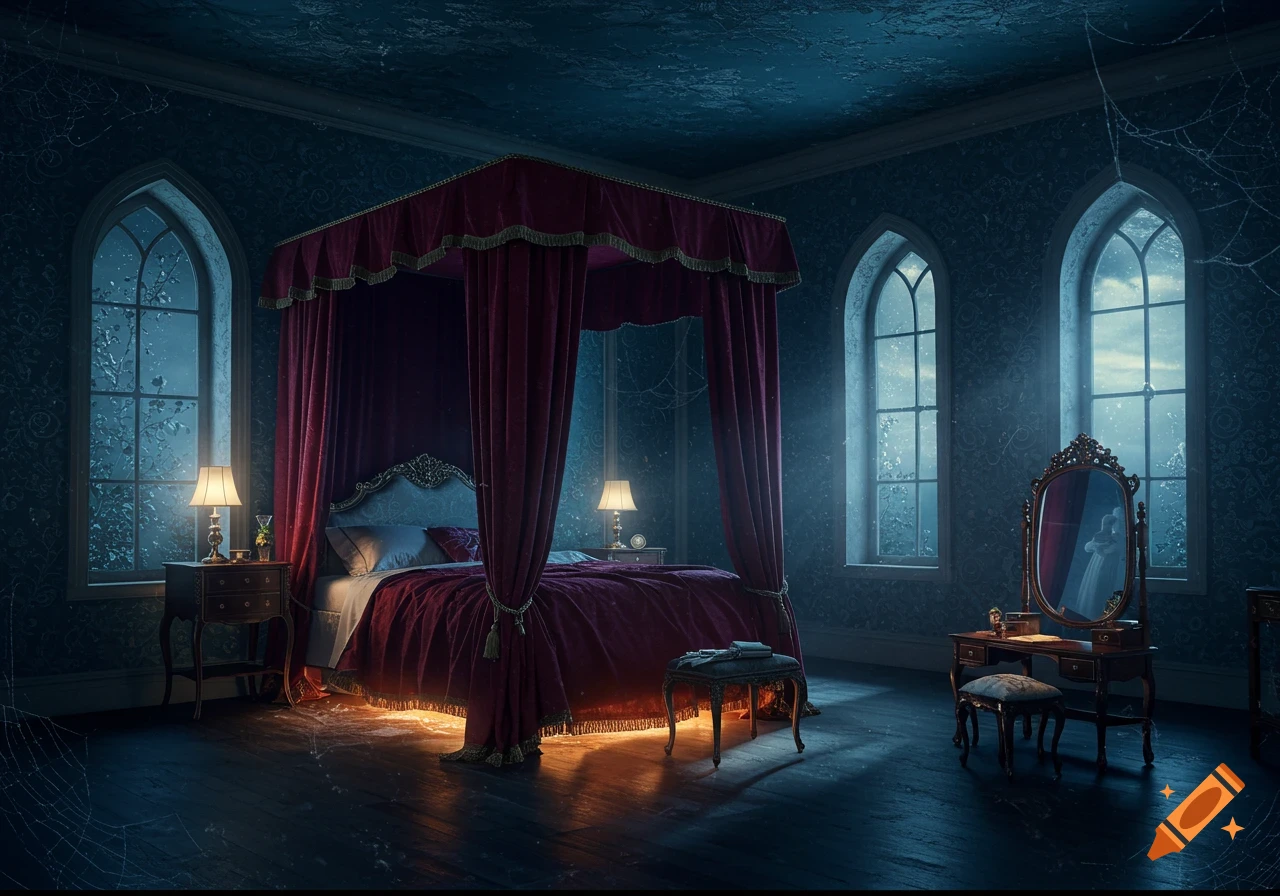 A dark gothic bedroom with a large four-poster bed and arched windows.