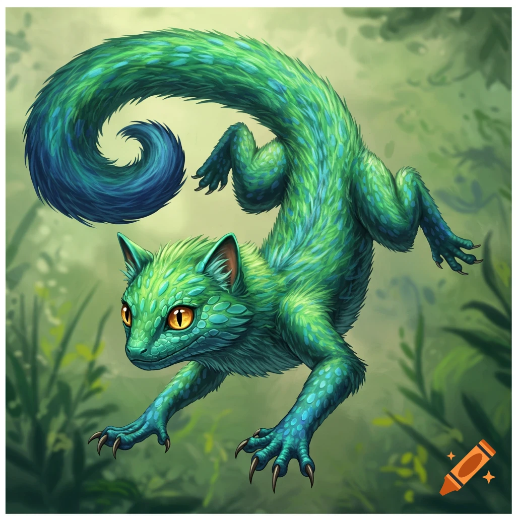 A green cat-like creature with lizard features and a curled tail jumping in a forest.