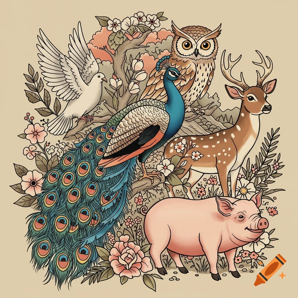 Illustration of a dove, peacock, owl, deer, and pig surrounded by flowers in a tattoo art style.
