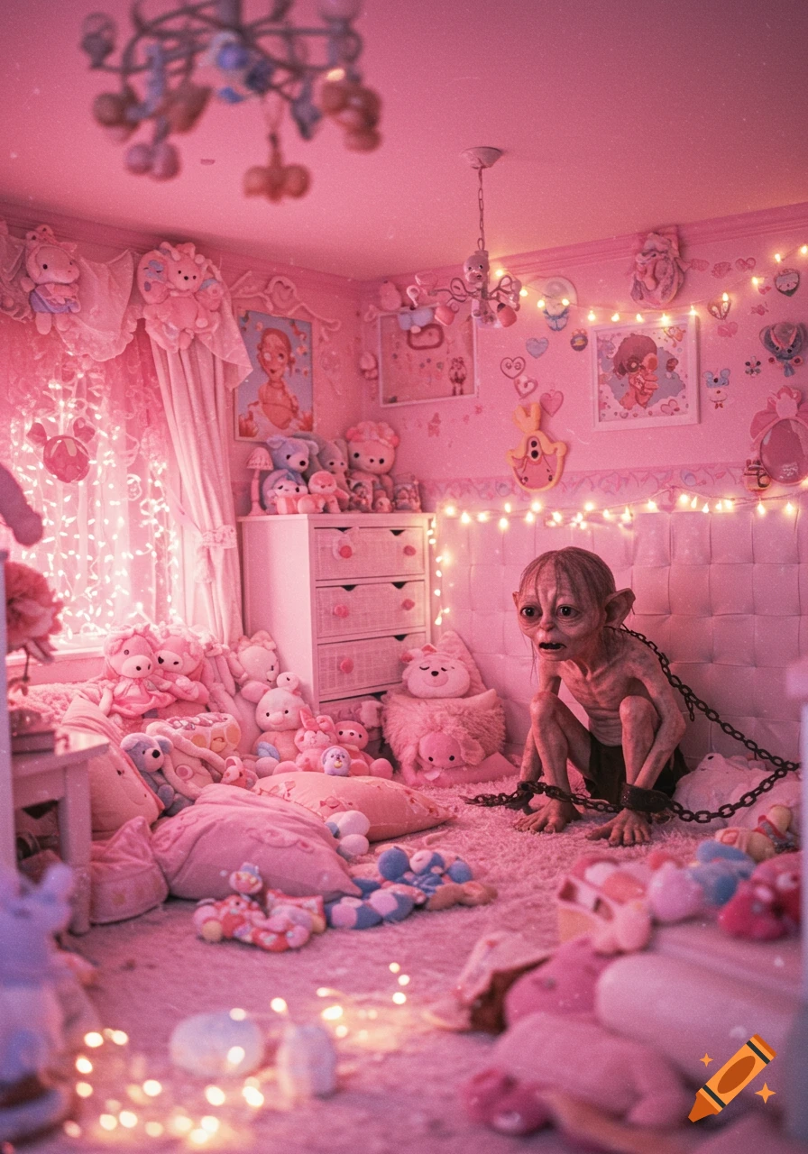 Gollum chained in a pink room full of stuffed animals and lights.