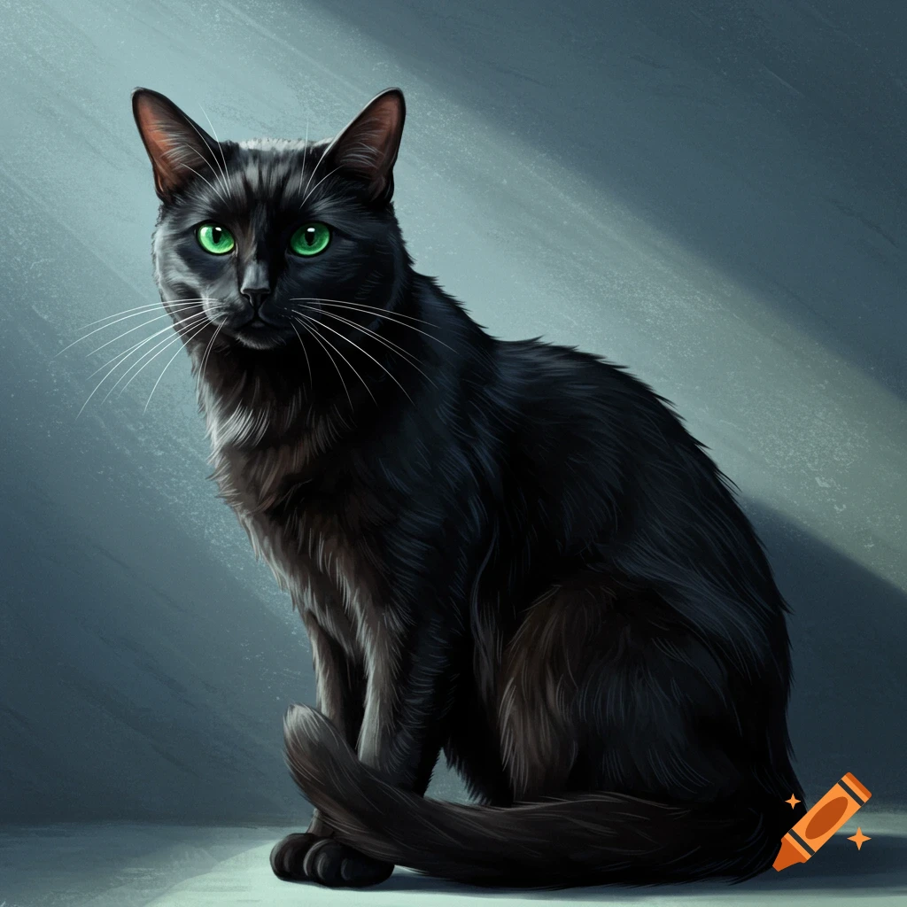 A black cat with green eyes sits