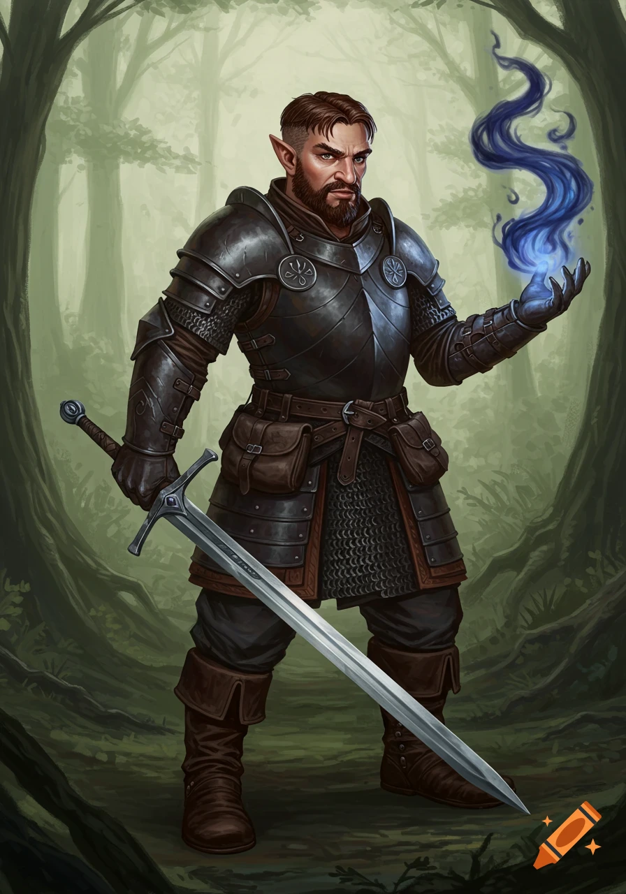 A male warrior in dark armor with a sword and glowing blue magic in a forest.