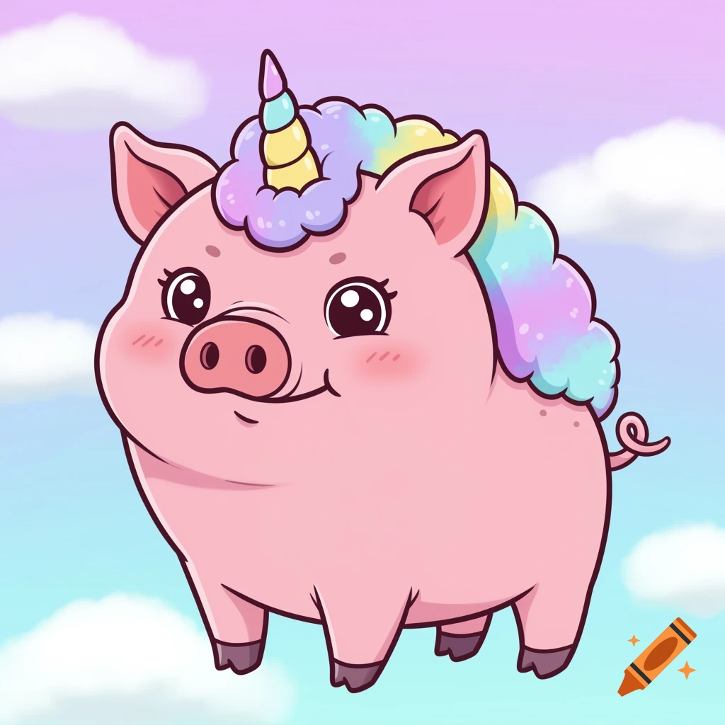 A whimsical cartoon illustration of a pig unicorn floating in a pastel sky.