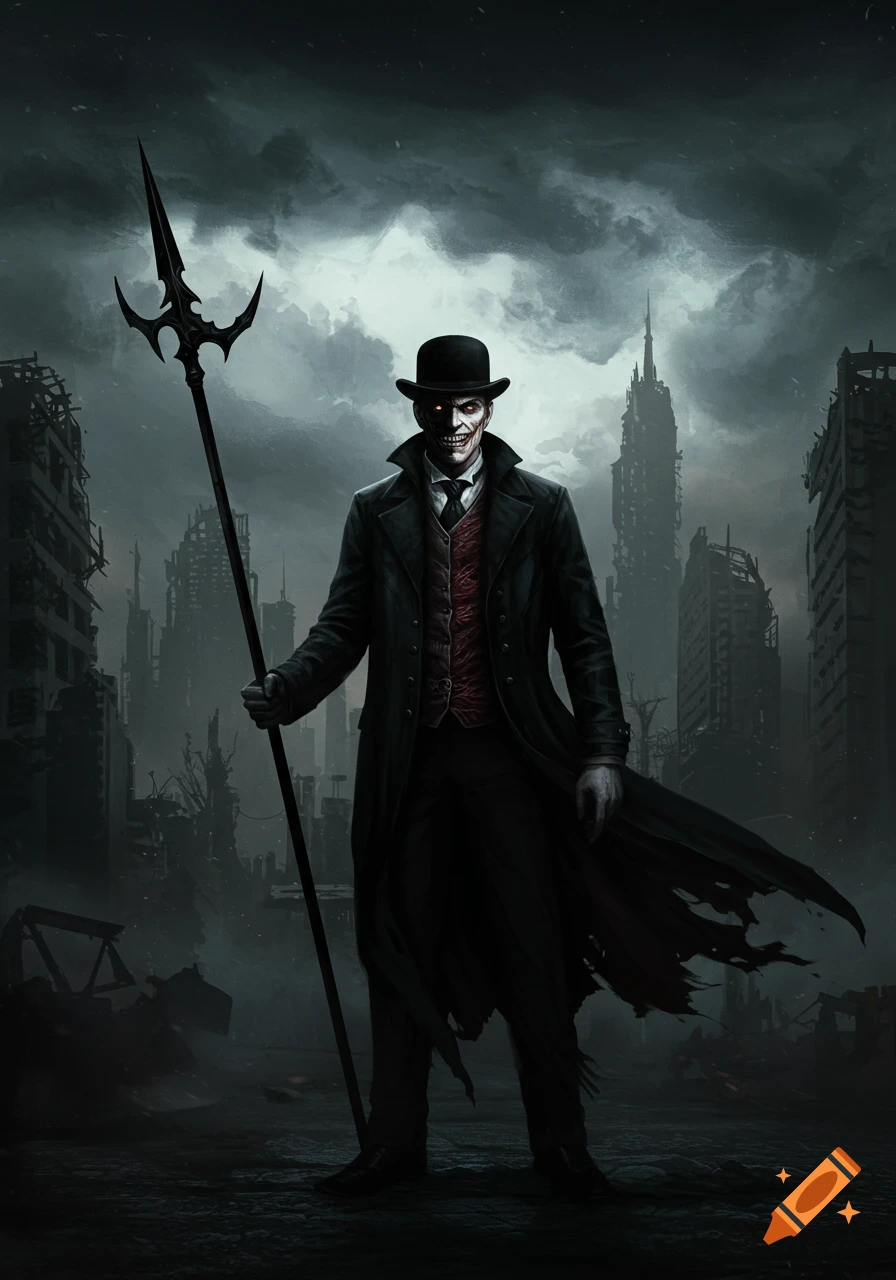 A dark fantasy anti-hero in a bowler hat holding a spear in a ruined city.