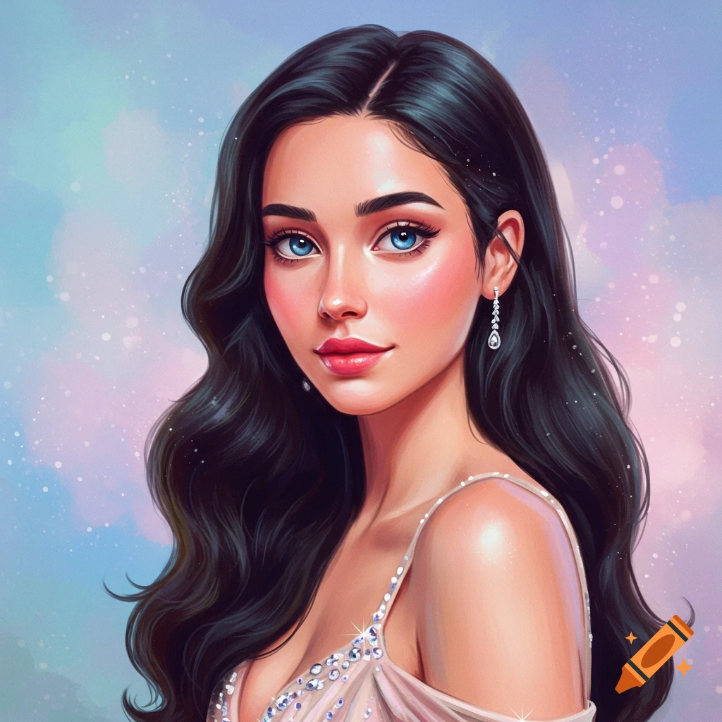 A woman with dark hair, blue eyes, and a sparkling dress